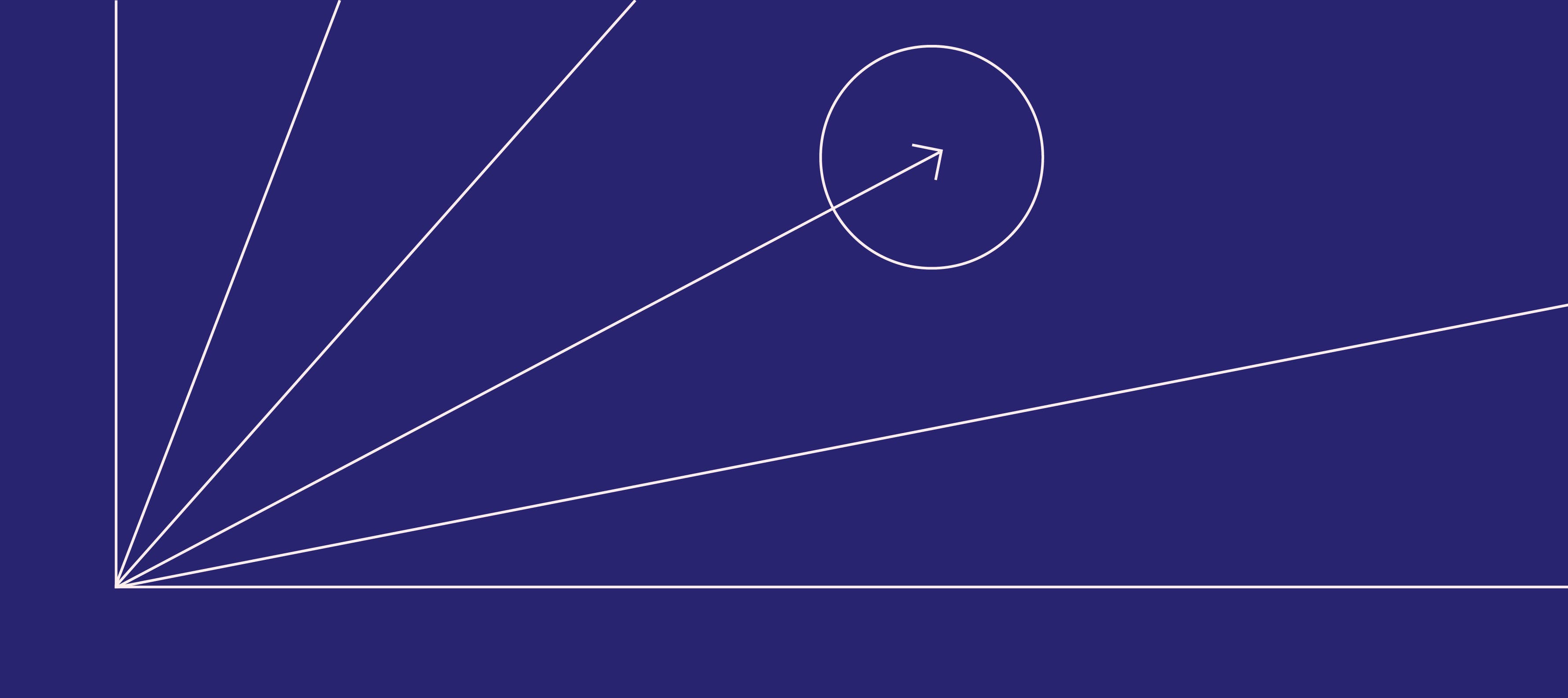 A dark blue background with a geometric design in white lines. Multiple lines radiate from a single point in the lower-left corner, spreading outwards. One angled line intersects a circle at the top-right area, with an arrow inside the circle.
