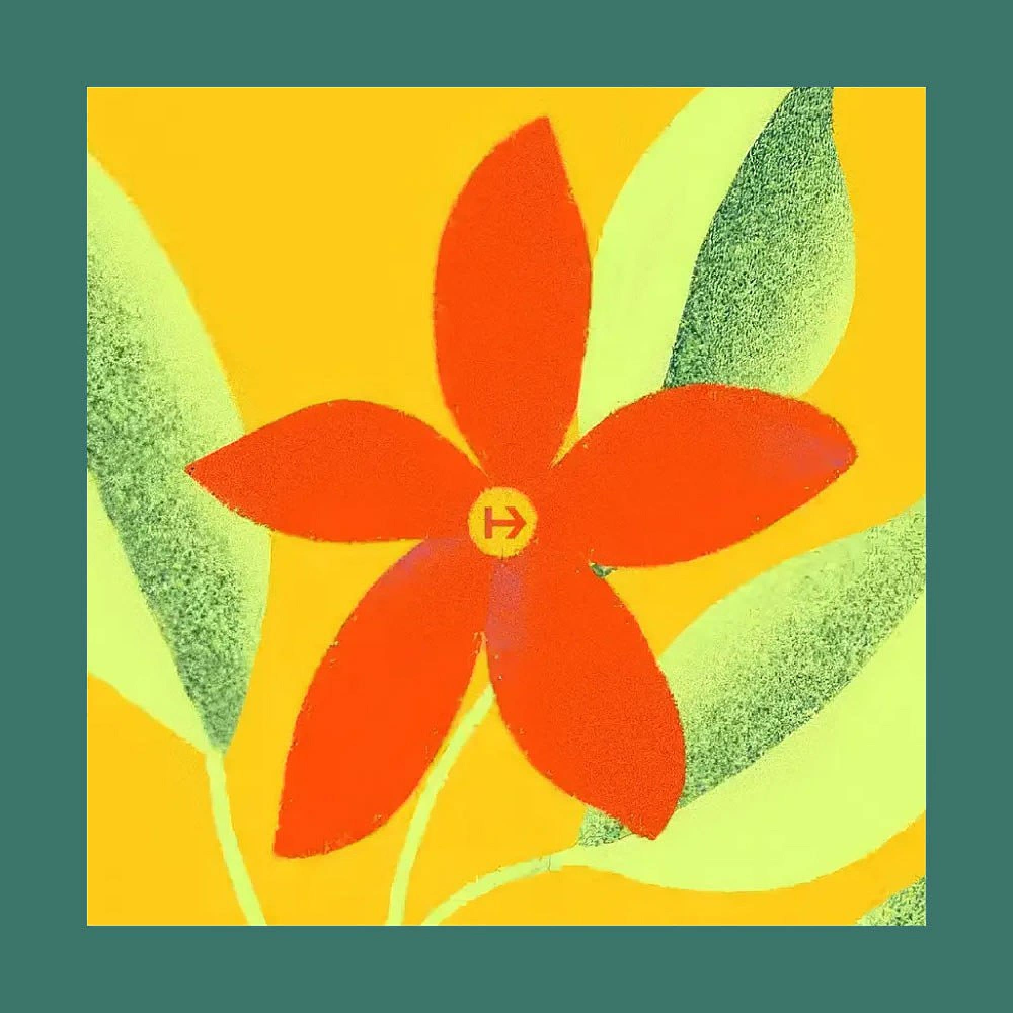 A bright red, five-petaled flower with a yellow center marked by an "H" symbol, set against a vivid yellow background with green leaves, all framed by a teal border.