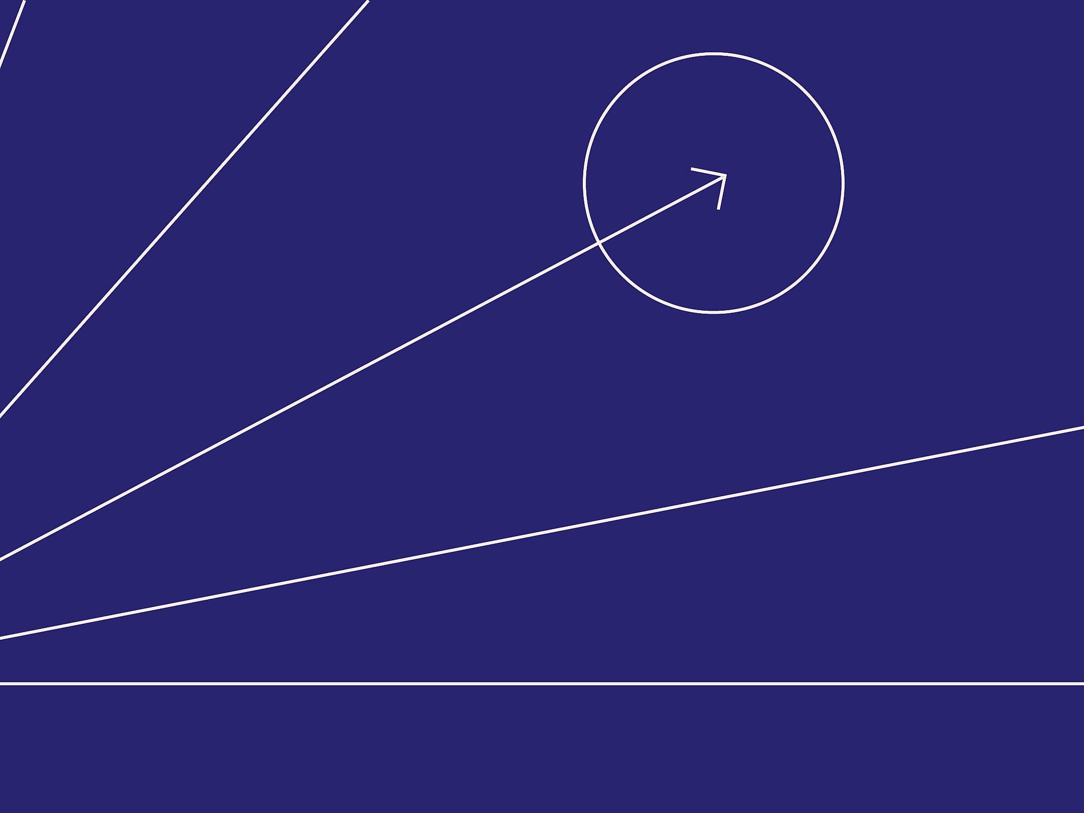A dark blue background with a geometric design in white lines. Multiple lines radiate from a single point in the lower-left corner, spreading outwards. One angled line intersects a circle at the top-right area, with an arrow inside the circle.