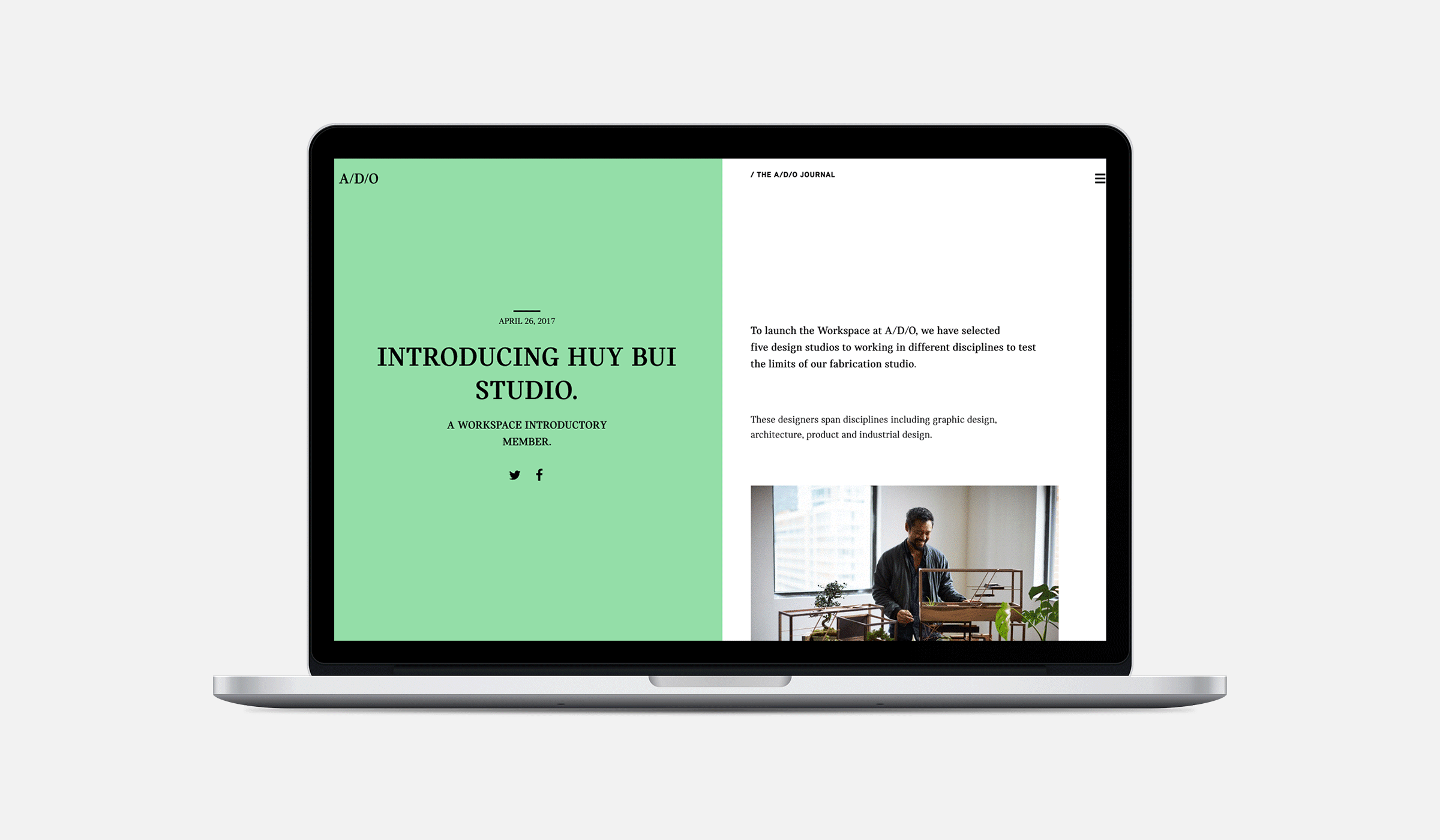 A laptop displaying a website in two sections. The left section is green and announces "Introducing Huy Bui Studio" dated June 14, 2017, with social media icons underneath. The right section features an article with a small image of a person working at a desk.