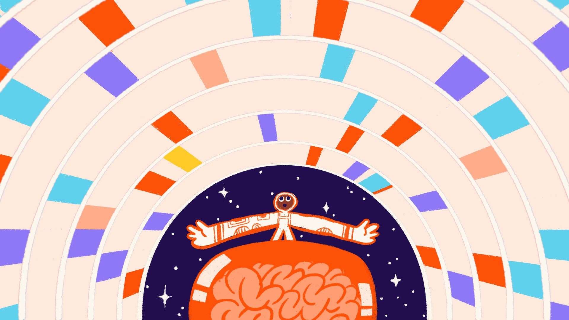 A cartoon figure stands joyfully on a large brain, arms outstretched. The background features colorful, concentric arches with alternating blue, red, and orange segments, evoking a sense of movement and energy. Stars dot the dark sky behind.