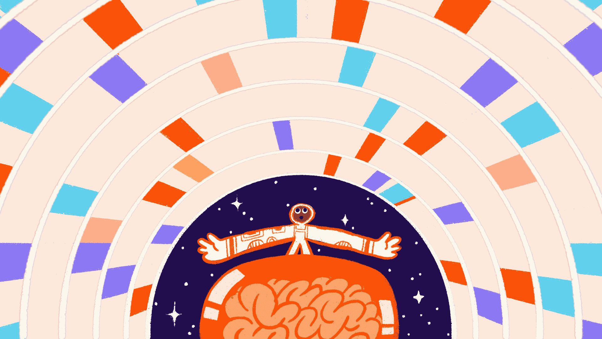 A stylized illustration of a person standing on a large brain, arms outstretched, with colorful, concentric arches in red, blue, and purple surrounding them. The background is dark with small stars.