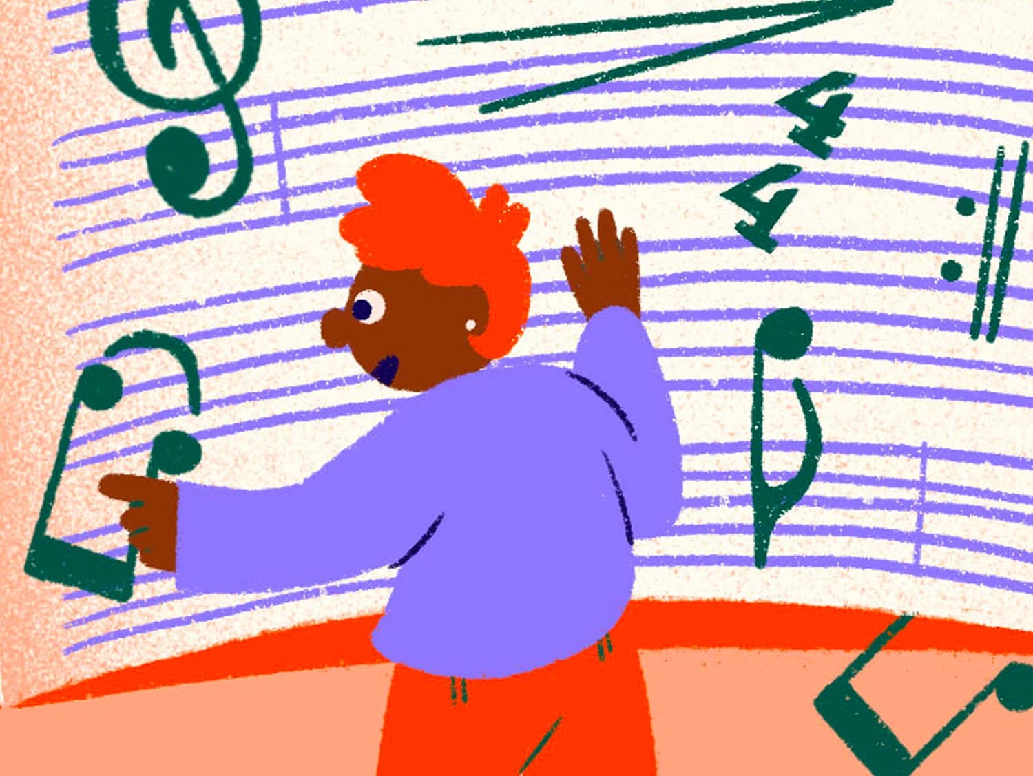 Illustration of a person with orange hair and a purple shirt dancing joyfully among oversized musical notes and a treble clef. The background features a light orange gradient with green musical staff lines, evoking a sense of music and movement.