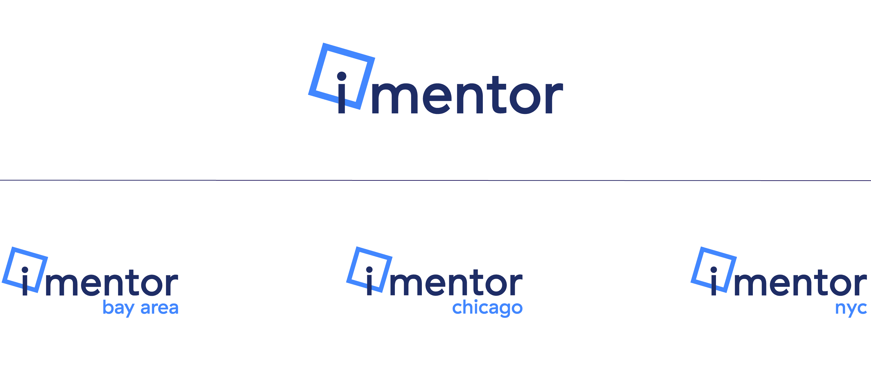 The iMentor logo appears three times: at the top, center-left with "bay area," center with "chicago," and center-right with "nyc." Each logo features a blue outlined square around a lowercase "i.