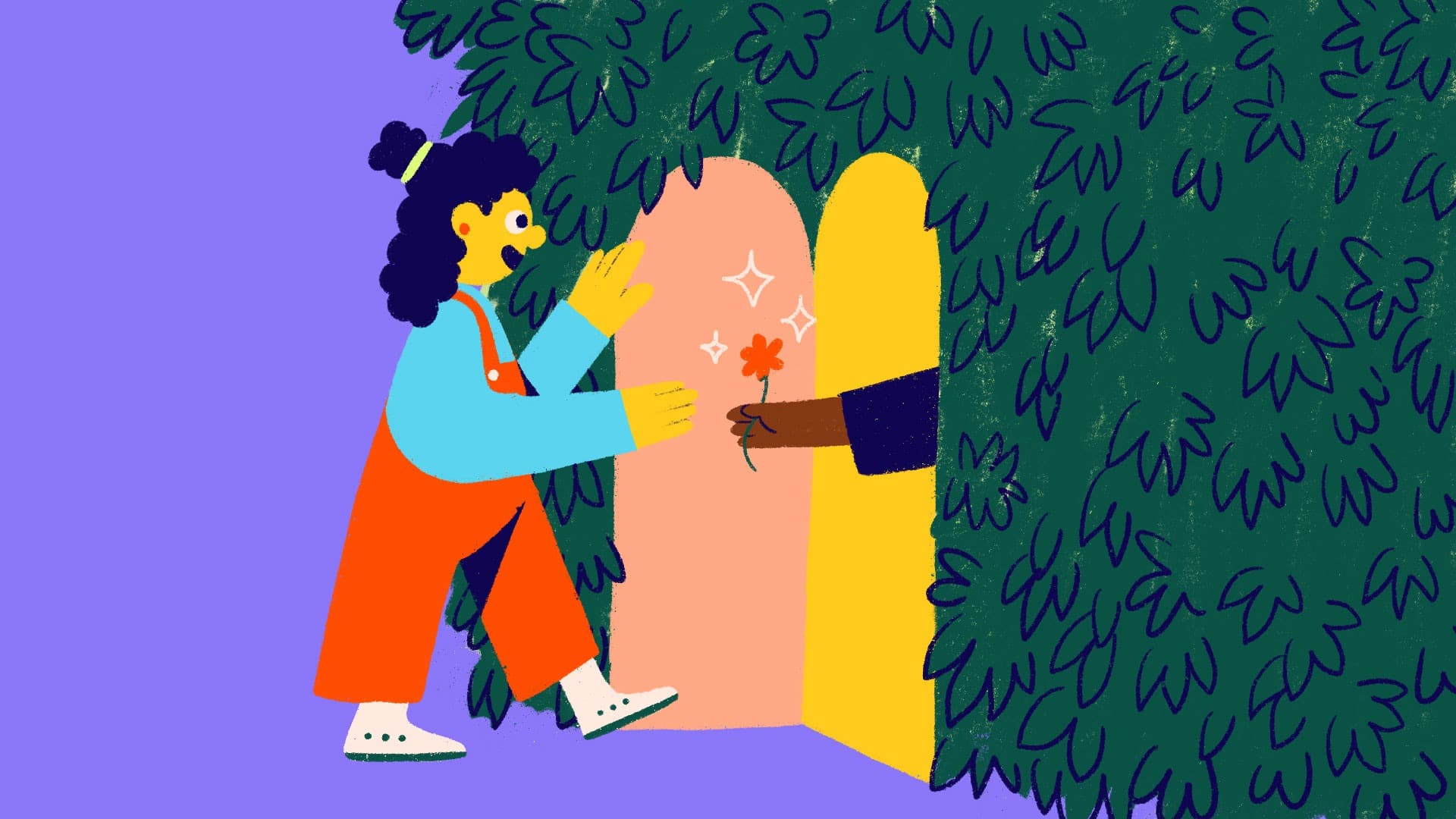 Illustration of a person with dark curly hair wearing red overalls and a blue shirt, walking towards an arched doorway covered in greenery. A hand emerging from the doorway holds a red flower, and the person enthusiastically reaches out to receive it.