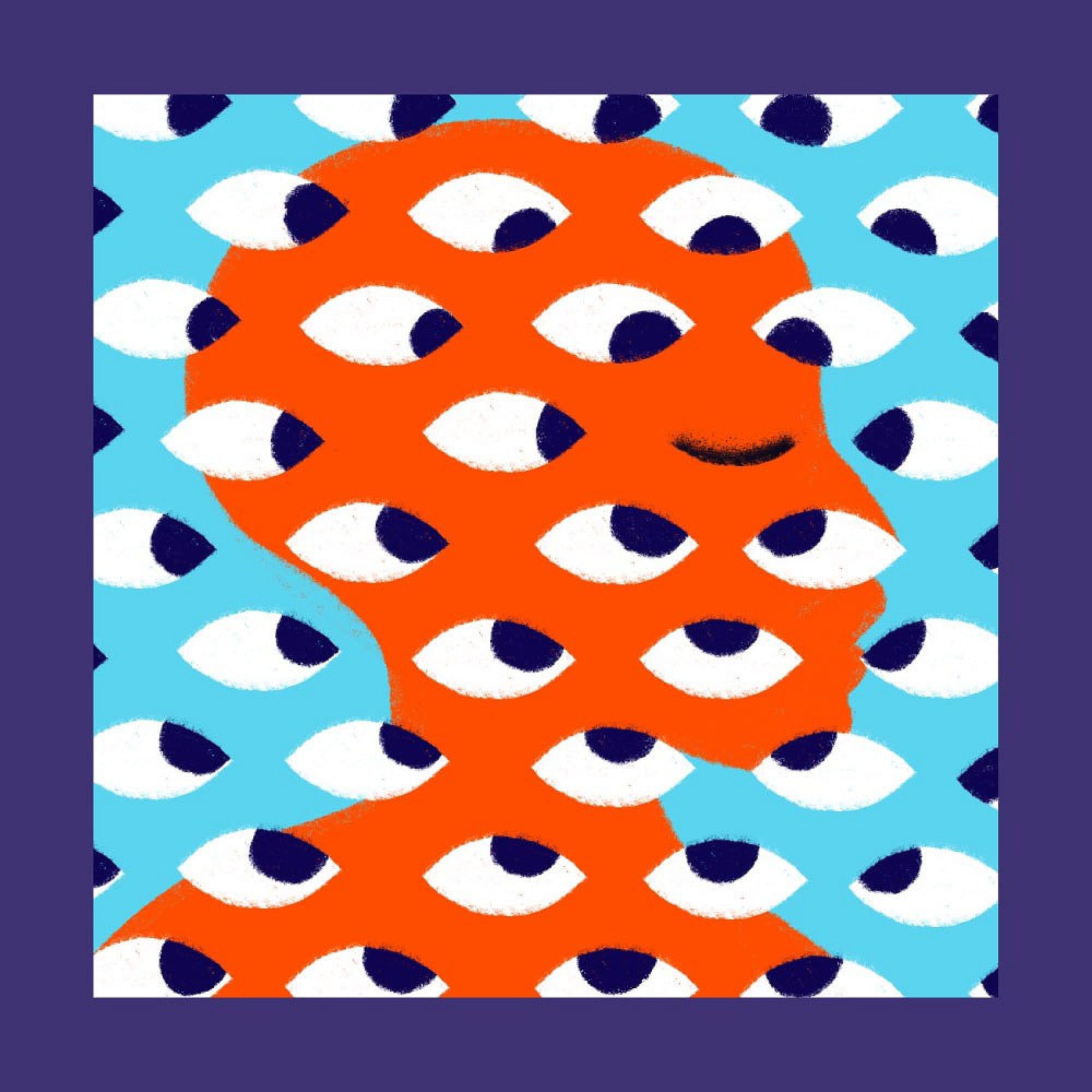 Illustration of a person's orange silhouette filled with many eye shapes, set against a blue background with more eyes, all framed by a dark purple border. The person is shown in profile, facing right.