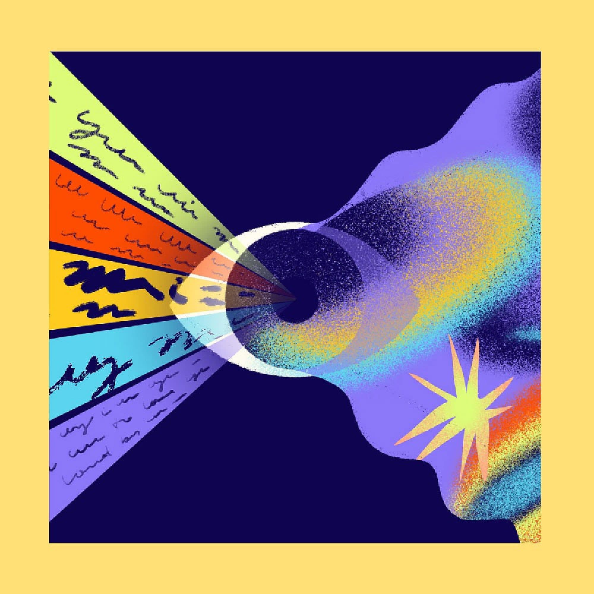 An abstract illustration shows colorful beams with scribbles converging into a dark circle, which then radiates swirling blue, purple, and yellow gradients, ending with a bright yellow starburst on a dark background.