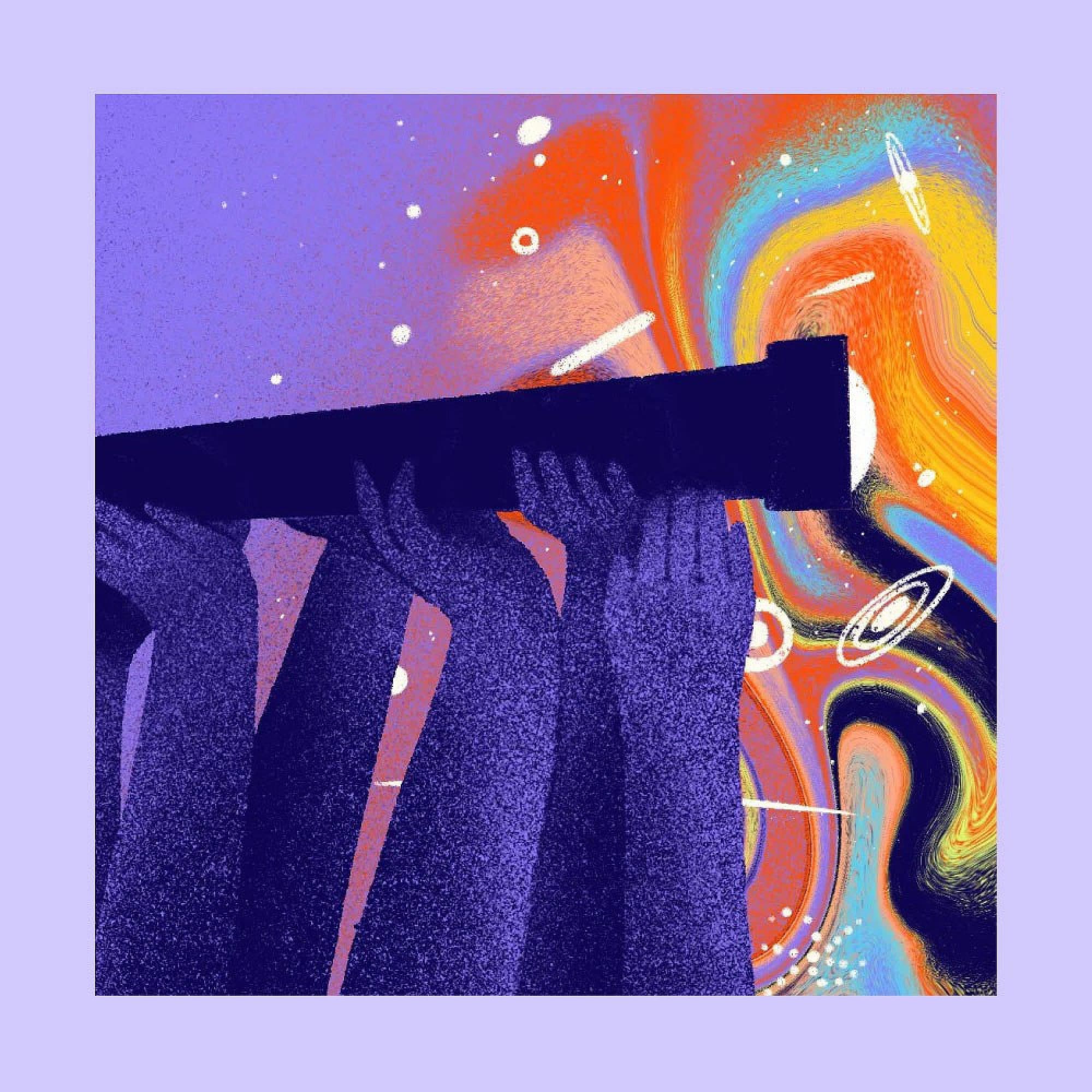 Several raised hands hold a long telescope against a vibrant, swirling background of orange, yellow, and blue, evoking a cosmic or outer space scene. White rings and dots suggest stars and planets.