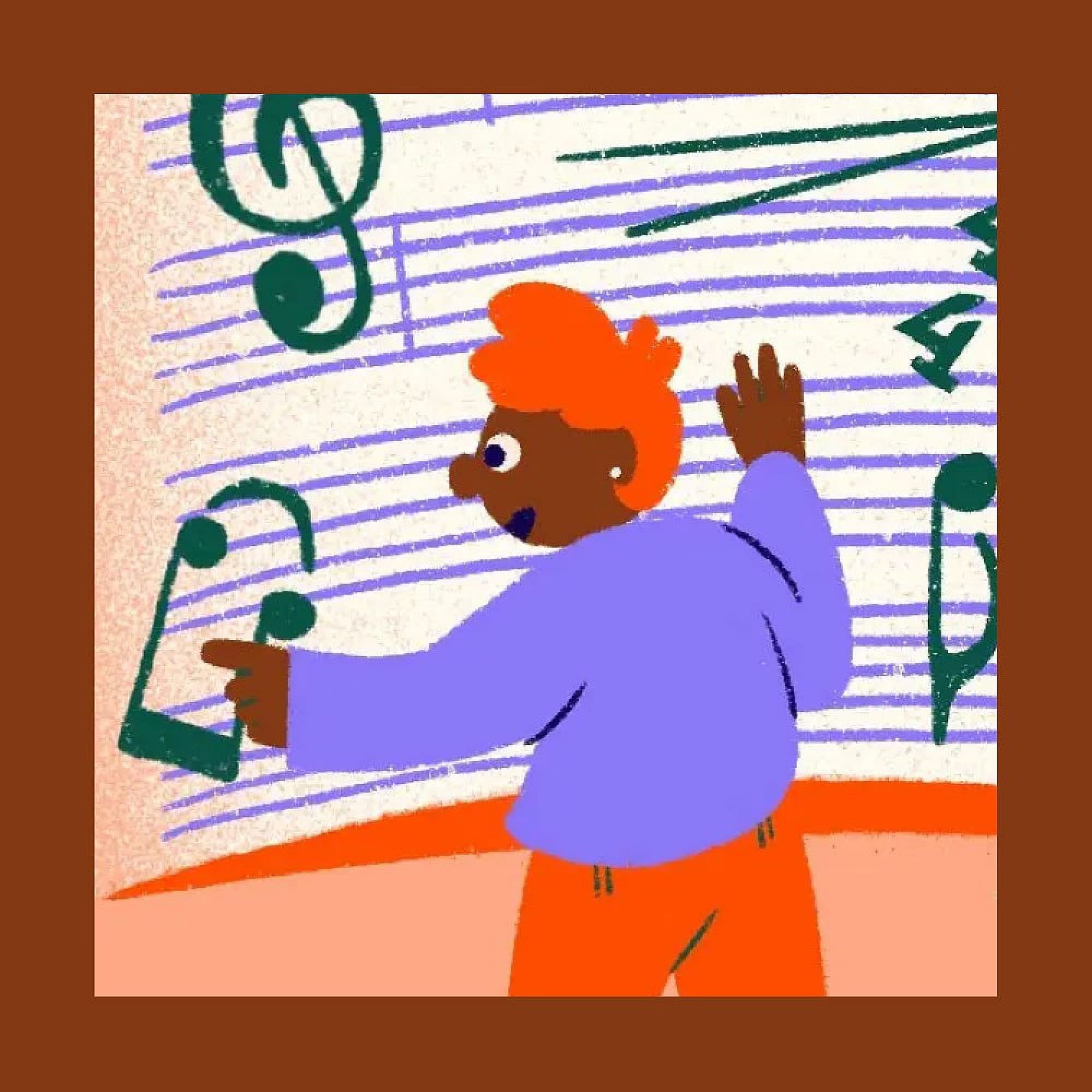 A person with orange hair and pants gestures towards a wall filled with large green musical notes and symbols on a staff, suggesting they are interacting with music. The background is framed in brown.