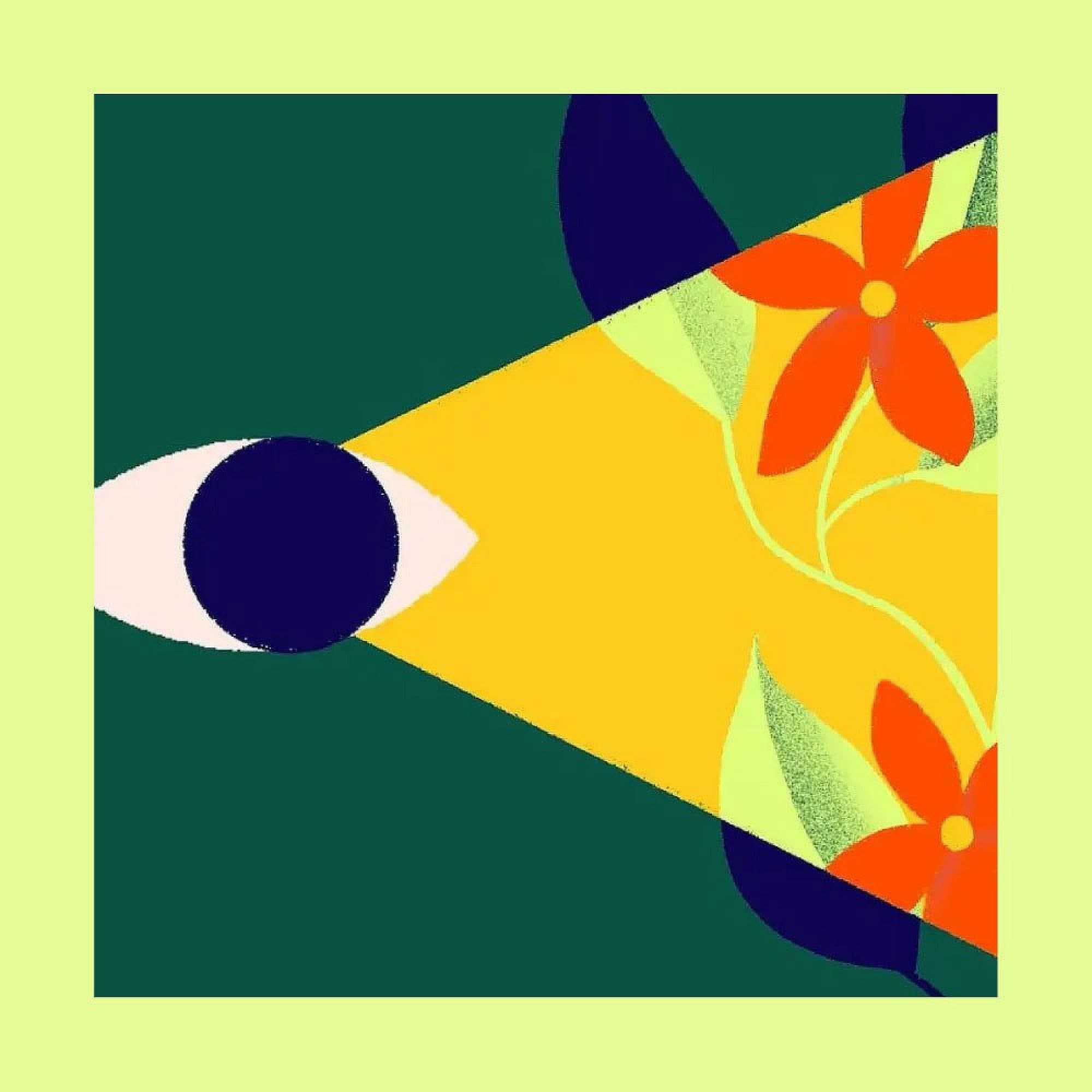 A stylized eye emits a bright yellow beam, illuminating vibrant orange flowers and green leaves on a dark green background, with a pale green border framing the scene.
