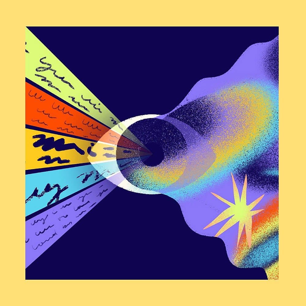 An abstract illustration shows colorful beams with scribbles converging into a dark circle, which then radiates swirling blue, purple, and yellow gradients, ending with a bright yellow starburst on a dark background.