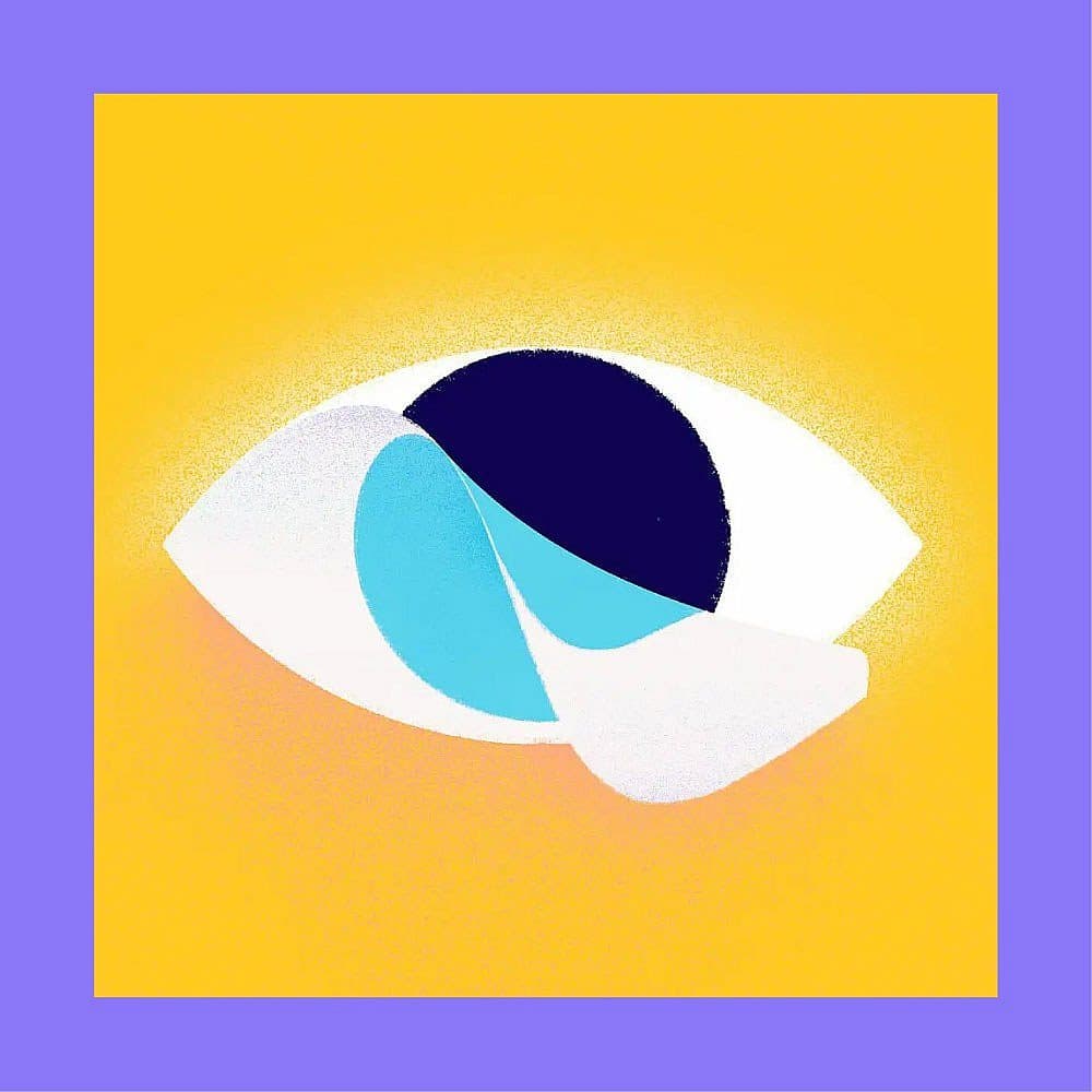 Abstract illustration of an eye with a blue iris and overlapping translucent blue and white shapes on a bright yellow background, framed by a thick purple border.