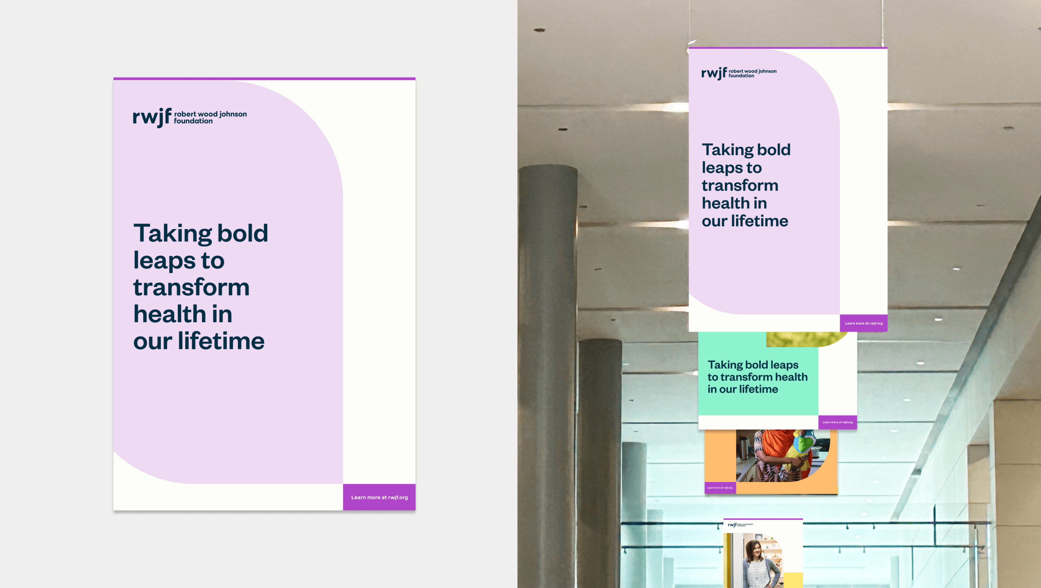 The image shows two side-by-side displays of promotional posters. The left poster reads "Taking bold leaps to transform health in our lifetime" against a white and lavender background. On the right, the same poster is displayed in an indoor setting with additional colorful variations below it.