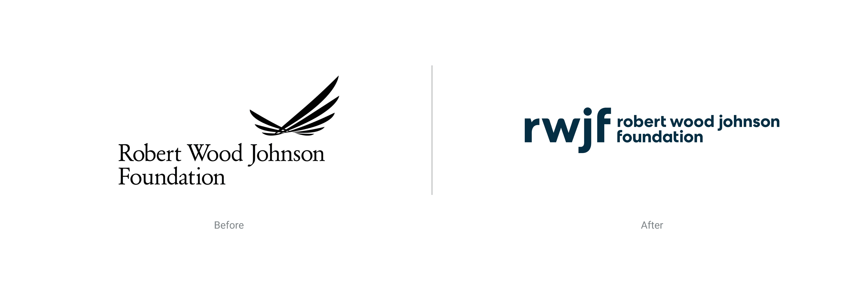 An image showing two logos for the Robert Wood Johnson Foundation. On the left is the older logo, featuring its name in decorative text with a stylized wing-like design above it. On the right is the newer logo, "rwjf" in lowercase blue letters beside the full name.