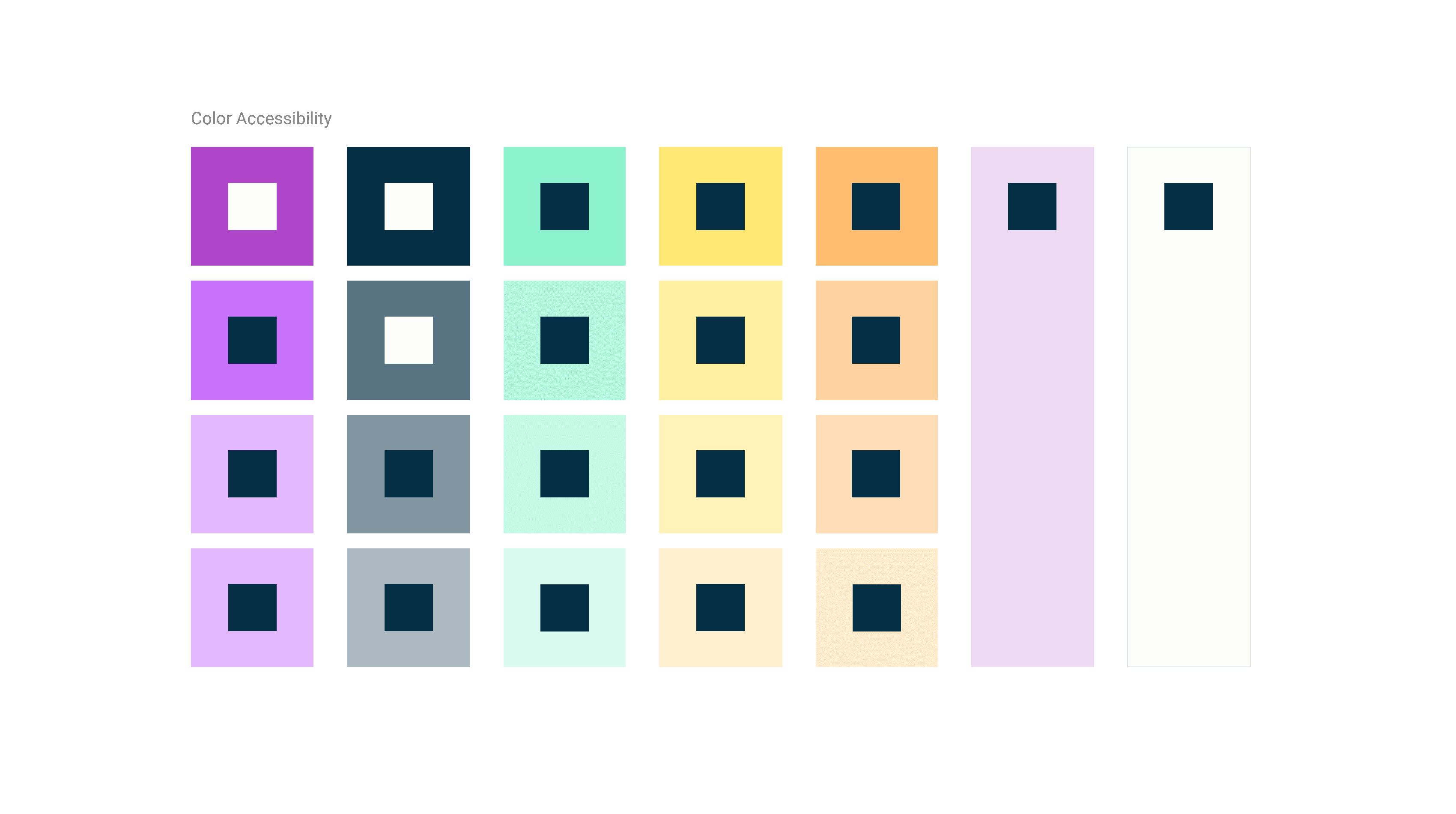 A rectangular grid with six rows and eight columns, containing smaller colored squares. The columns are shades of purple, blue-green, yellow-orange, and white. Larger colored squares are placed along the left and right columns, with smaller dark squares within them.