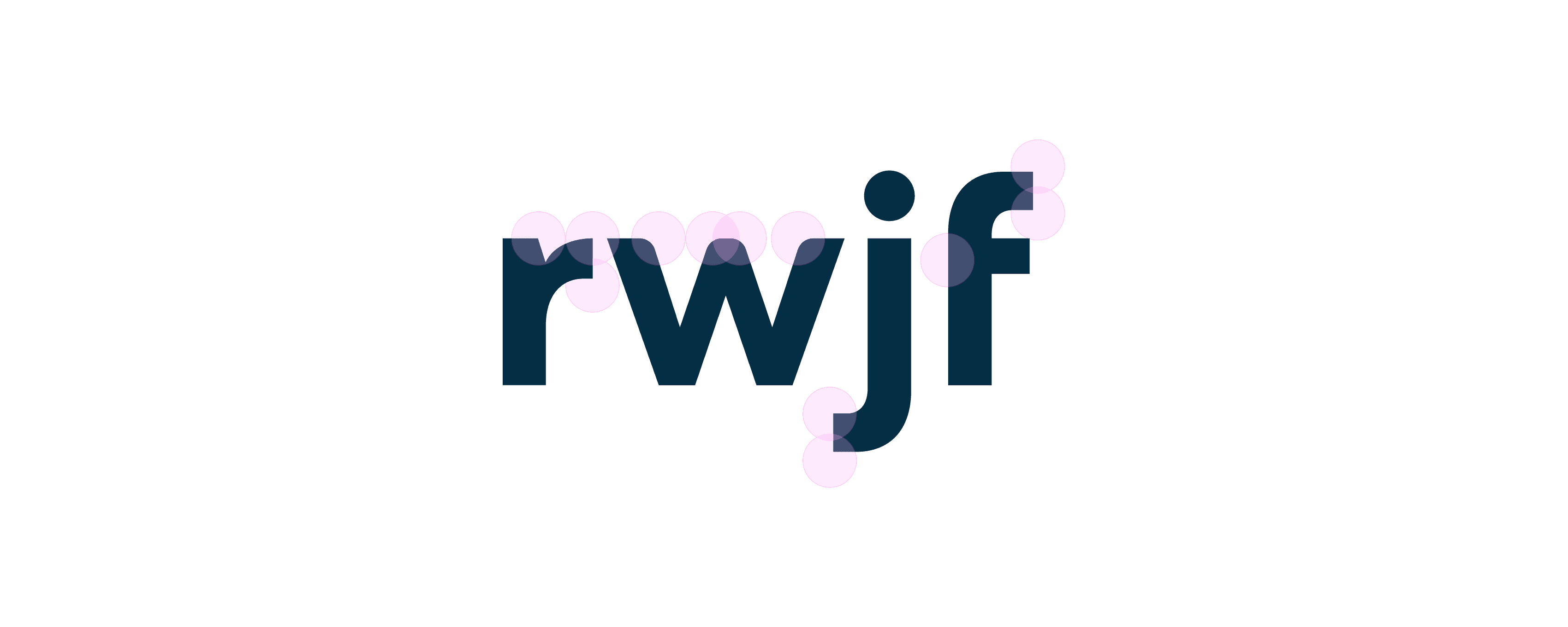 An image with a black background featuring the letters "rwjf" in bold blue font. Pink dots overlay parts of the letters, creating a stylized and modern design.