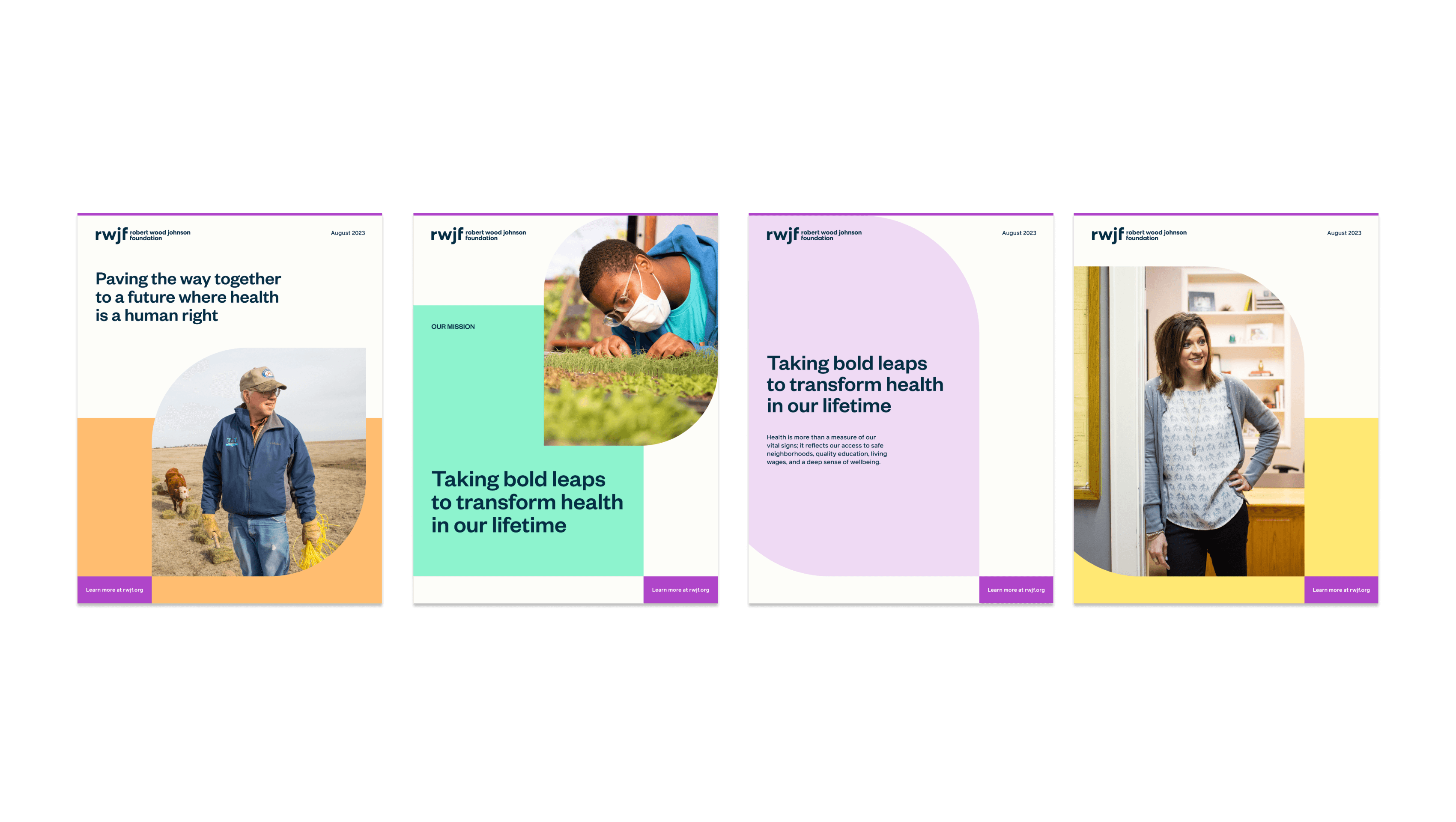 Four RWJF booklets displayed side by side. The first booklet shows a man outdoors and text: "Paving the way together to a future where health is a human right." The second shows a boy with plants and text: "Taking bold leaps to transform health in our lifetime." The third and fourth, both with text: "Taking bold leaps to transform health in our lifetime," have abstract designs and a woman standing indoors, respectively.