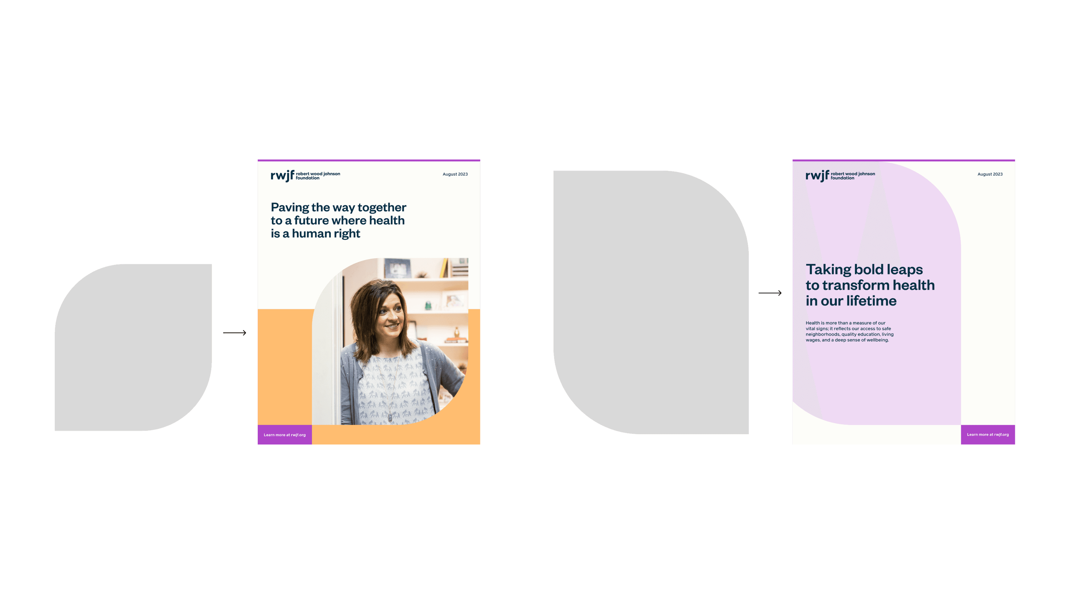 Two brochures from the "Robert Wood Johnson Foundation." Left brochure: A woman smiles, text reads, "Paving the way together to a future where health is a human right." Right brochure: Text reads, "Taking bold leaps to transform health in our lifetime.