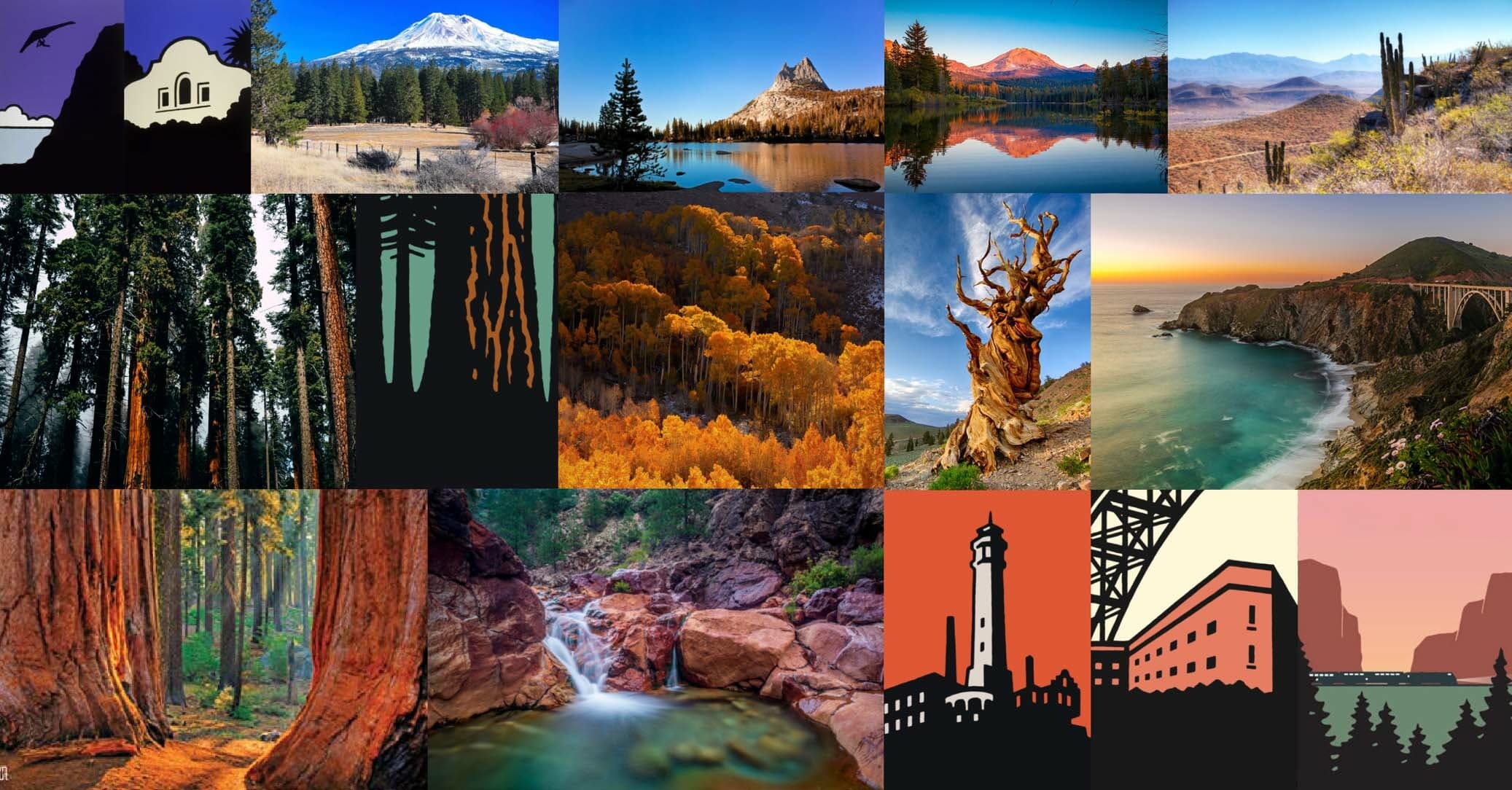 A collage of scenic landscapes, including mountains, lakes, forests, autumn foliage, rocky coastlines, and architectural structures like lighthouses and buildings. Some images appear stylized or illustrated, while others are photographs of natural and rural environments.