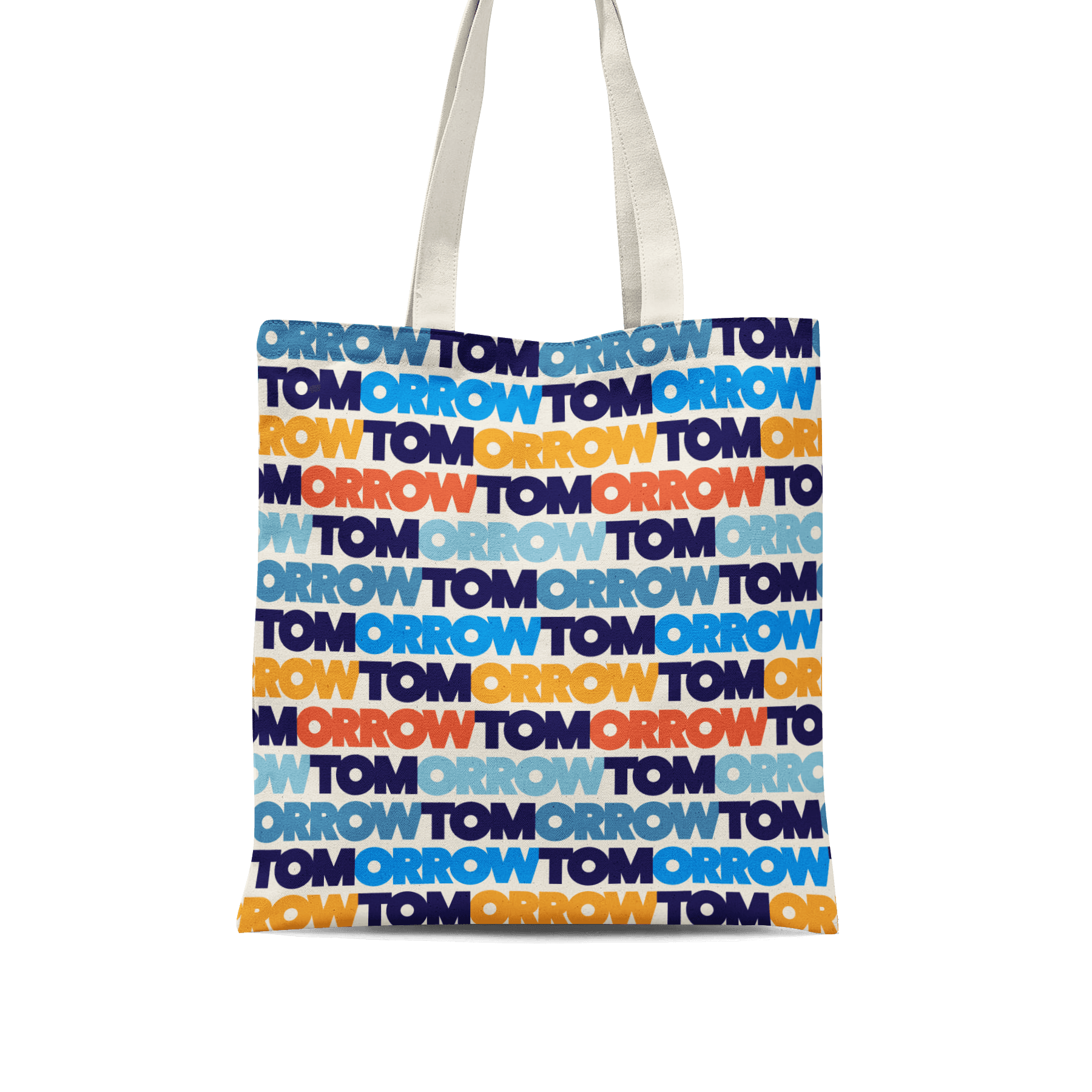 A canvas tote bag with a pattern of the word "TOMORROW" repeated in multi-colored letters, including blue, orange, yellow, and light blue, arranged in horizontal lines. The bag has beige handles.