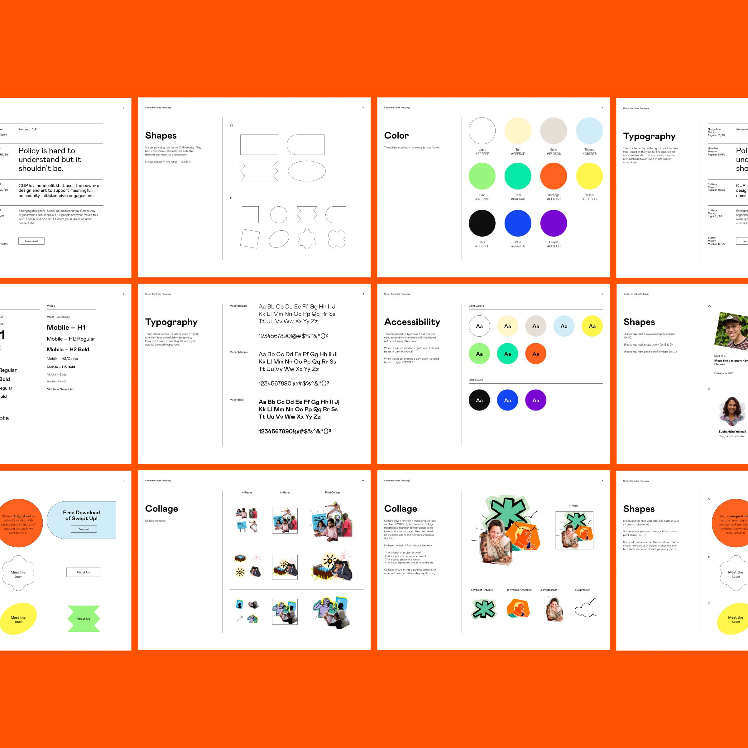 A series of slides on an orange background detail design elements such as shapes, color palettes, typography, accessibility, and collage techniques. Each slide includes text, diagrams, and images explaining the respective topics.