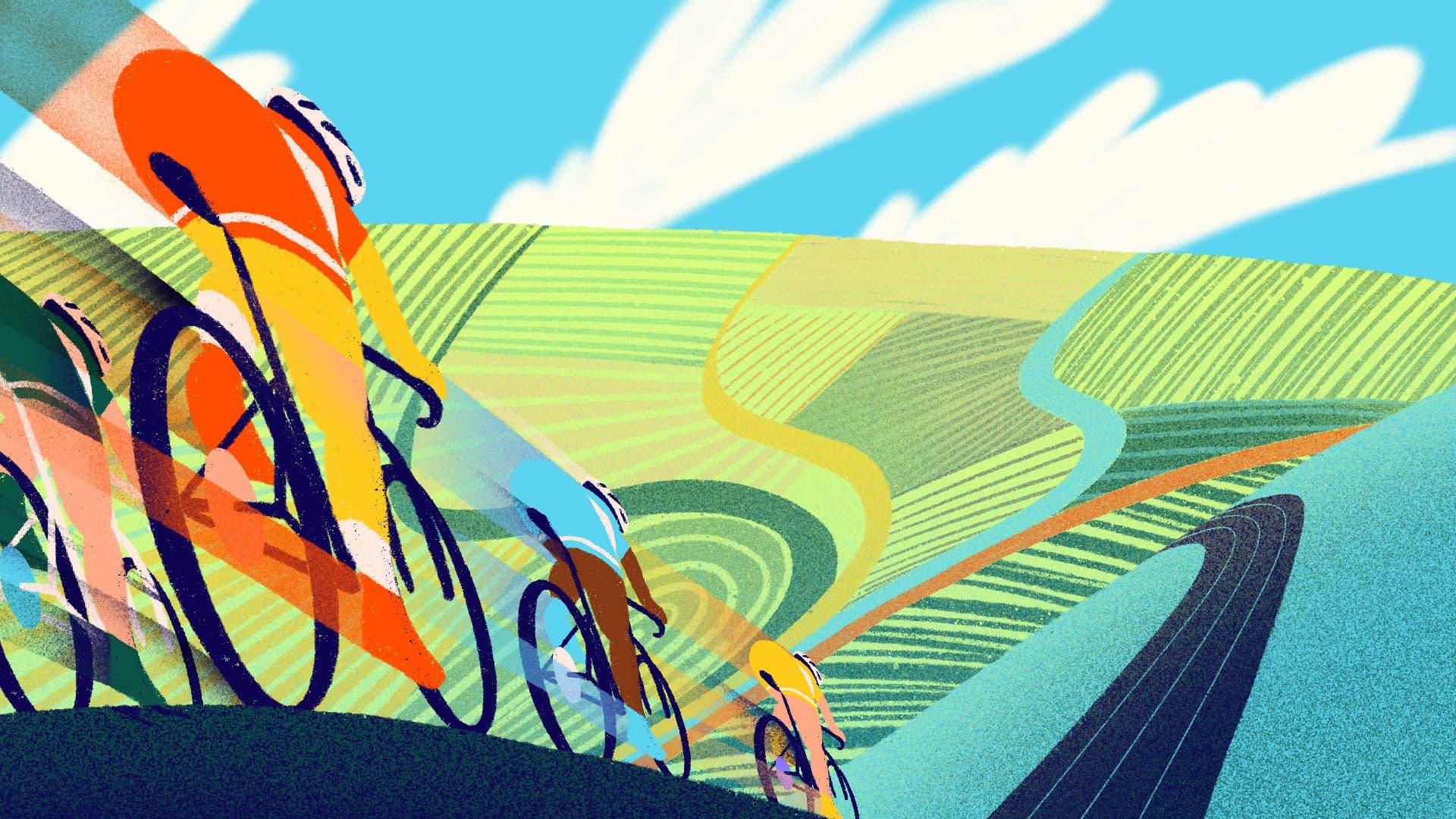 Colorful illustration of cyclists riding up a hill with abstract, patterned fields and winding roads in the background under a bright, blue sky with clouds.