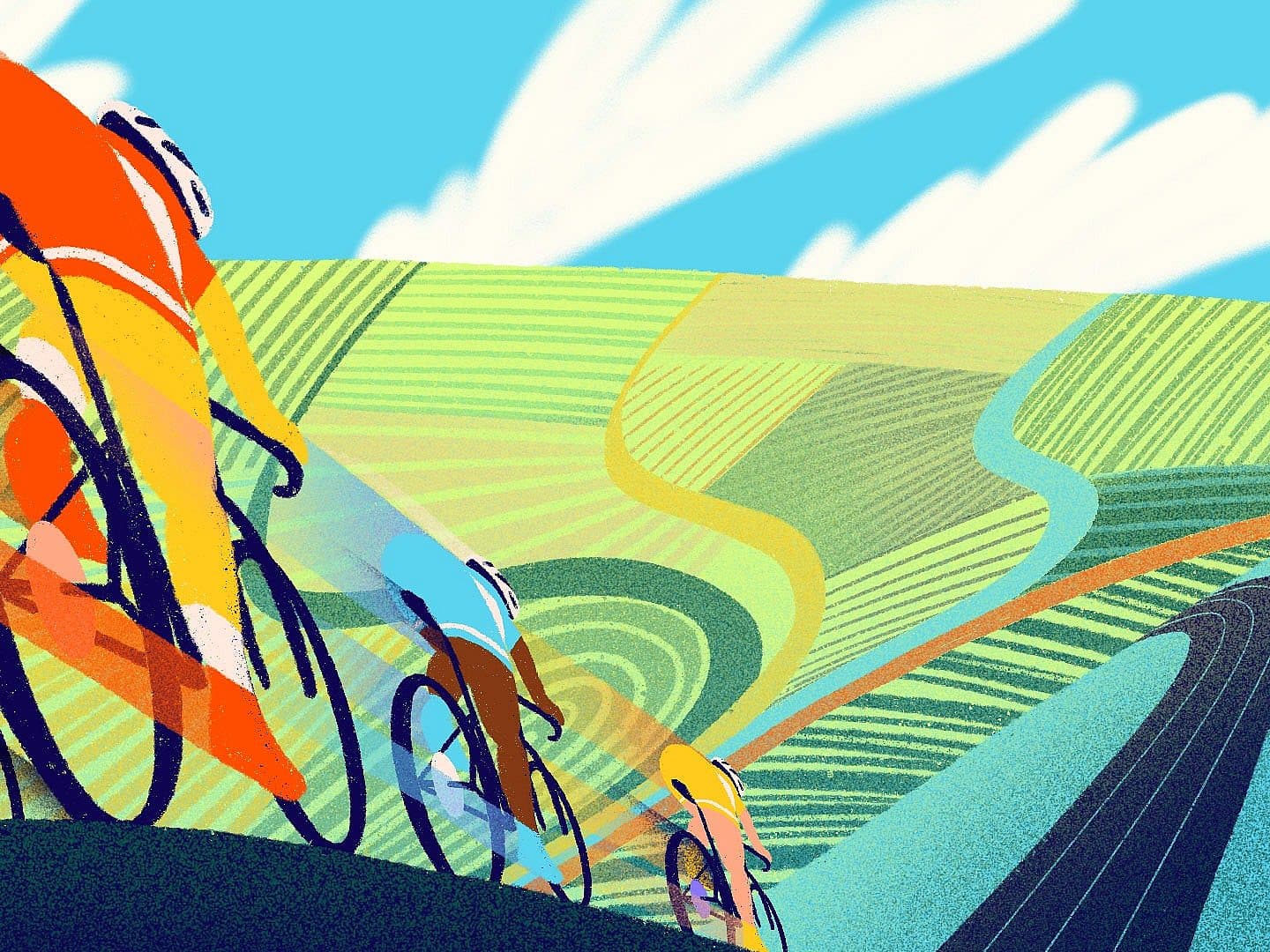 Colorful illustration of cyclists riding up a hill with abstract, patterned fields and winding roads in the background under a bright, blue sky with clouds.