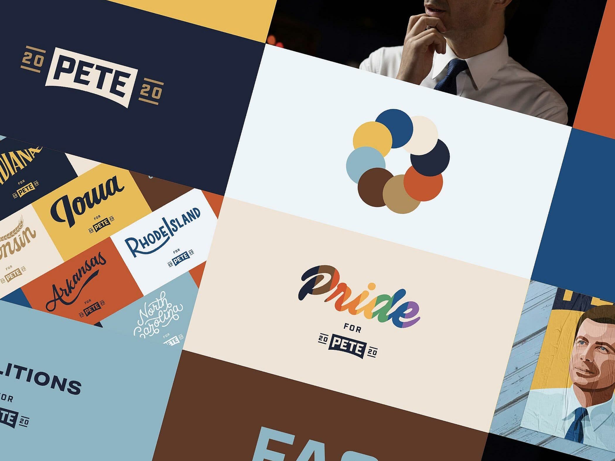 A collage featuring various campaign designs and logos. Prominent elements include the word "Pete" multiple times, a man adjusting his tie, a multicolored circular graphic, and the word "Pride" in rainbow colors. US state names like Iowa, Rhode Island, and Arkansas are visible.