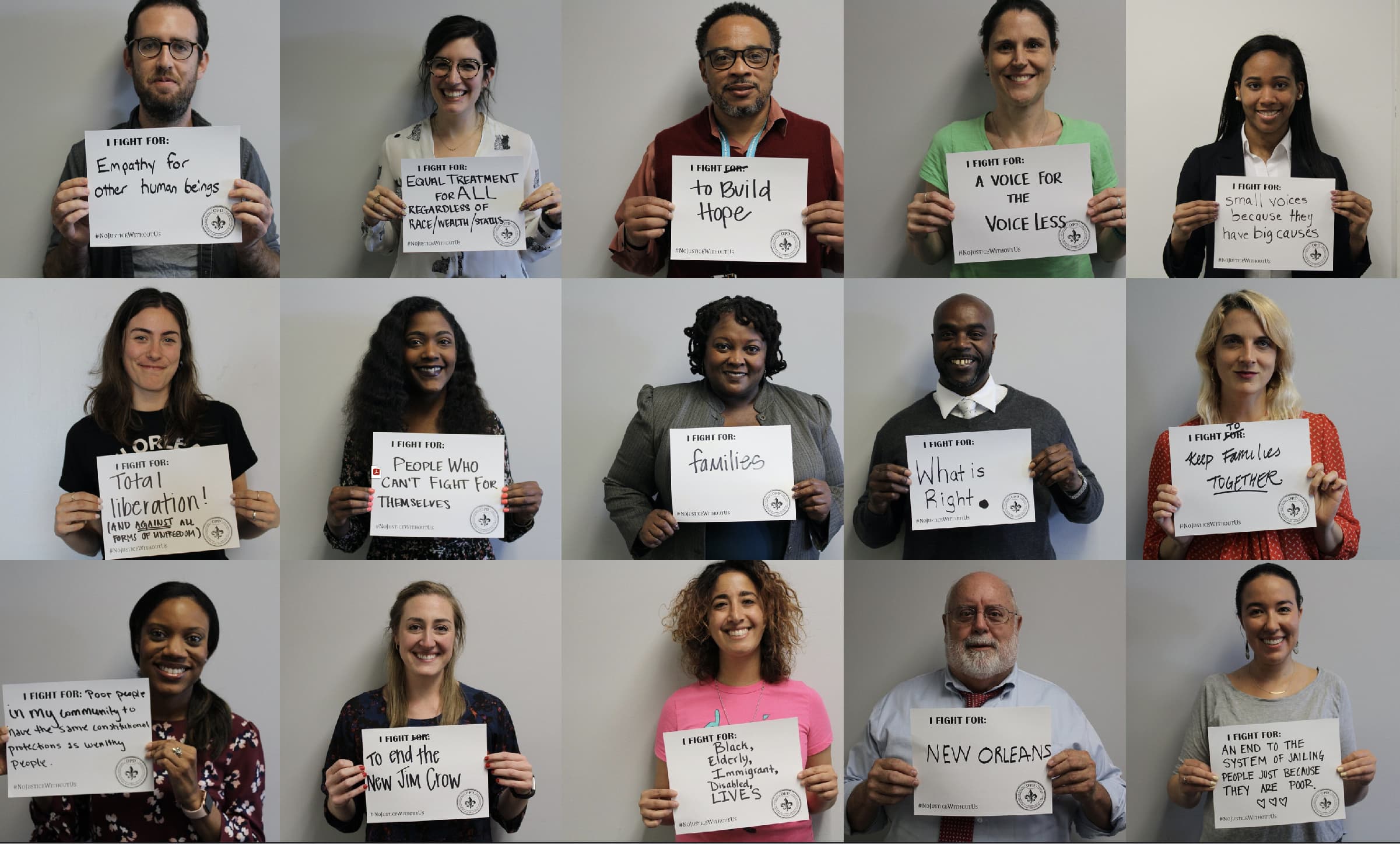 A grid of 15 people holding signs, each describing a personal cause they support. The signs display various handwritten messages advocating for different social justice issues, including equality, empathy, and support for marginalized groups.