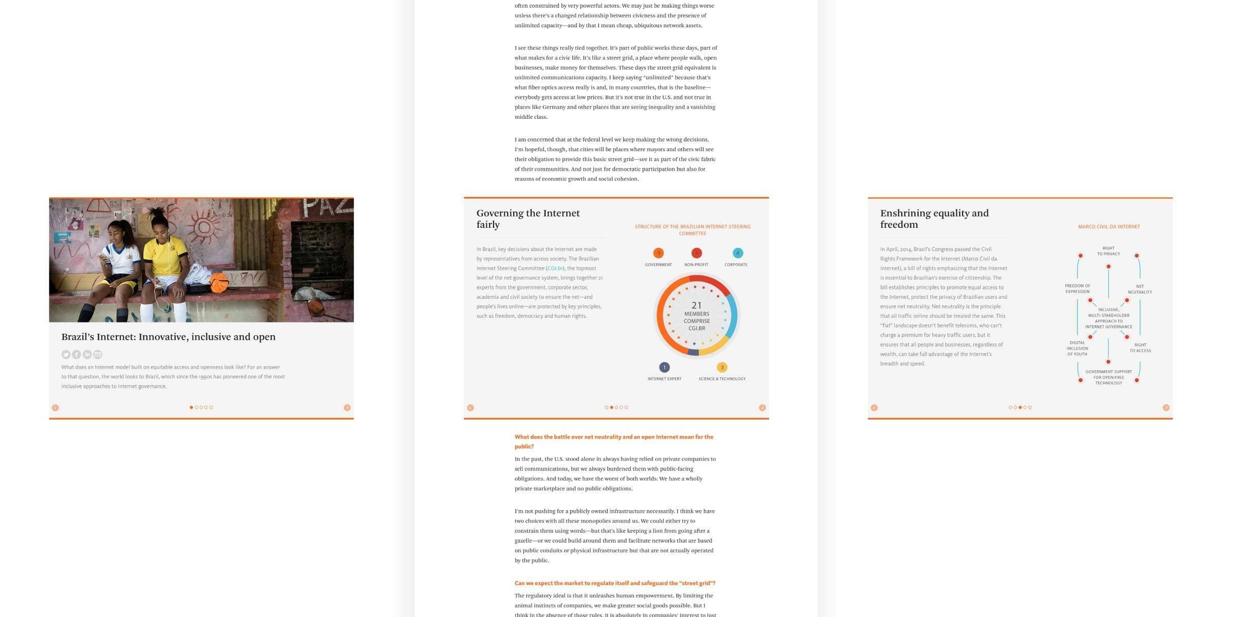 Three pages from a report with text and images. The first page features a photo of two seated people on a bench. The second page includes a circular graph labeled "Internet inclusivity" and text. The third page displays a flowchart and text titled "Embracing equality and freedom.