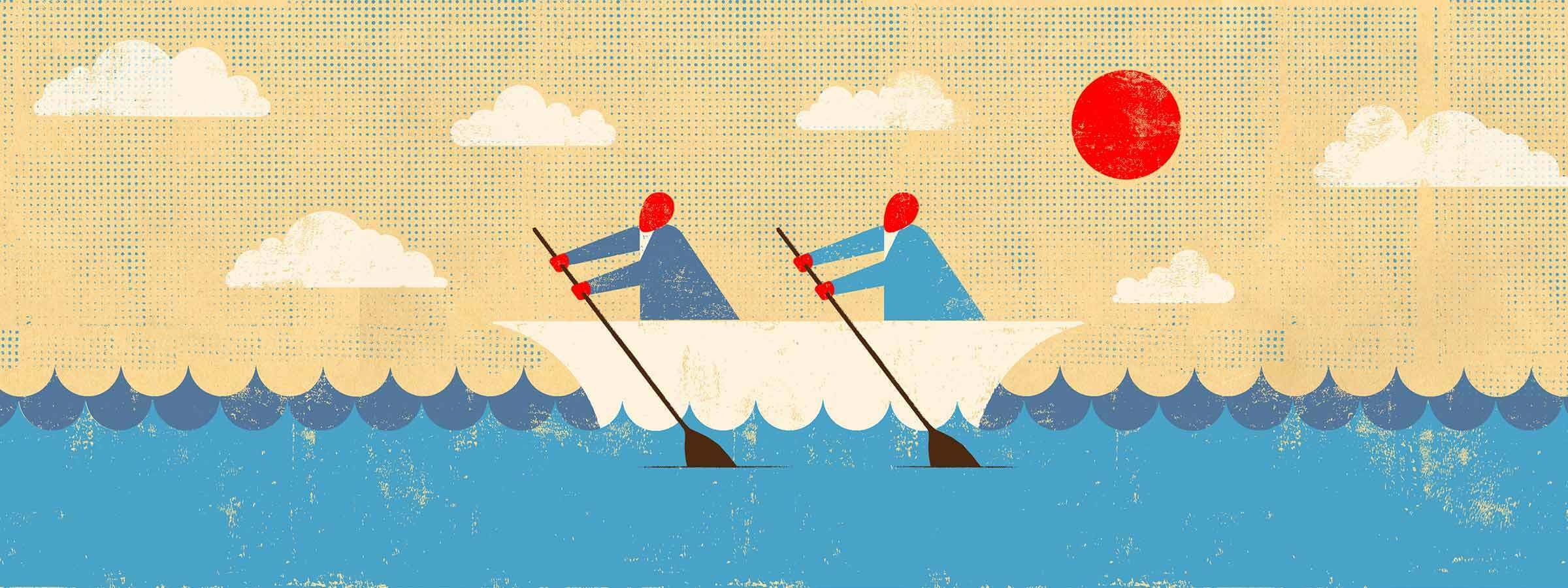 Illustration of two people in blue clothing rowing a boat on water, with a setting sun and clouds in the background. The image has a vintage, textured style.
