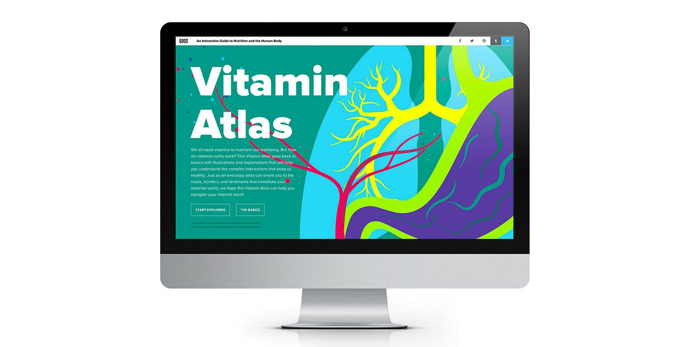 A computer monitor displays a colorful, illustrated webpage titled "Vitamin Atlas". The design features abstract, vibrant shapes in green, yellow, purple, and blue tones. The text describes a project related to the functions and sources of vitamins.