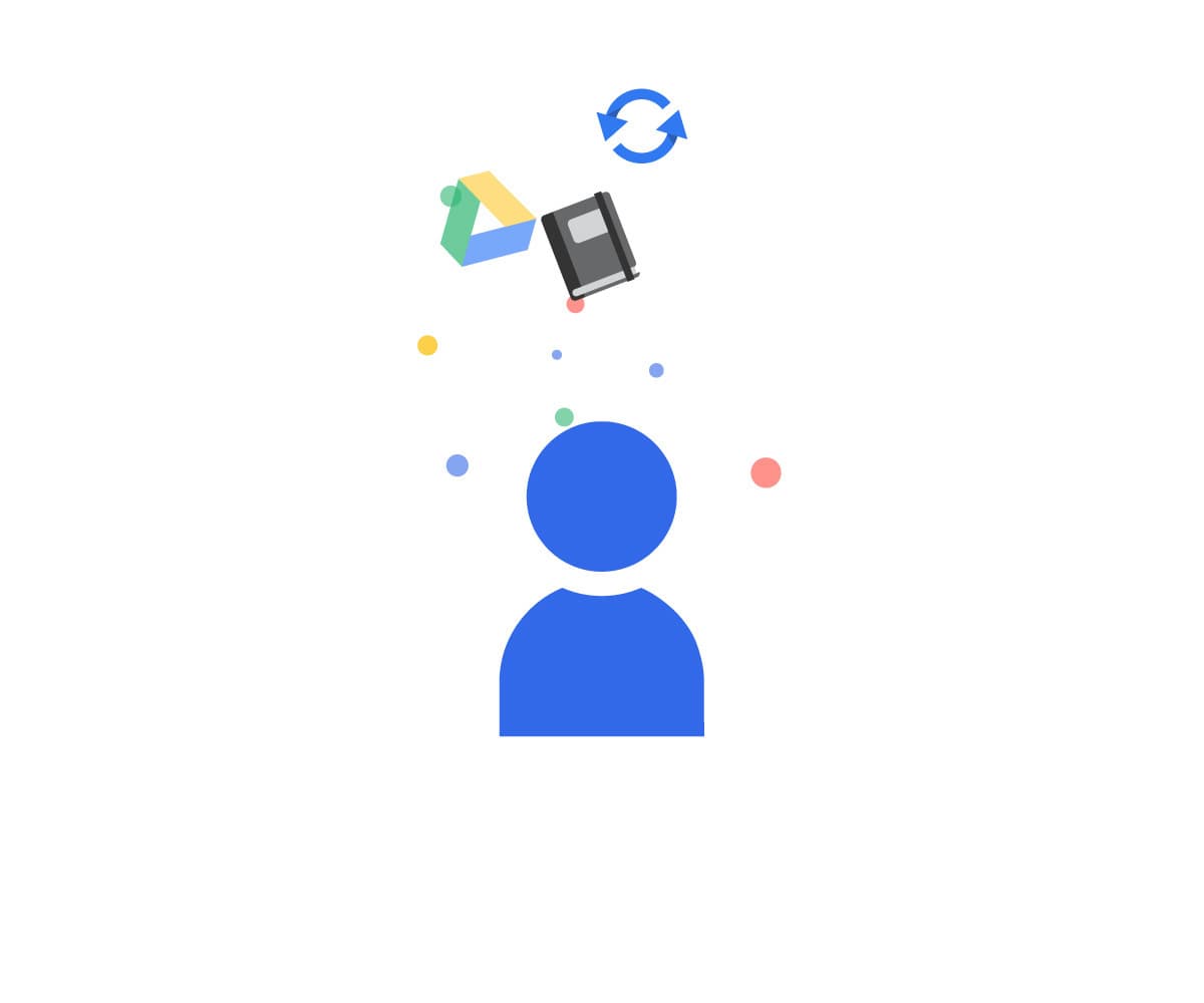 A blue silhouette of a person with various icons above the head, including a recycling symbol, a notepad, and overlapping shapes in green, blue, yellow, and red, suggesting concepts related to knowledge, creativity, or digital tools.