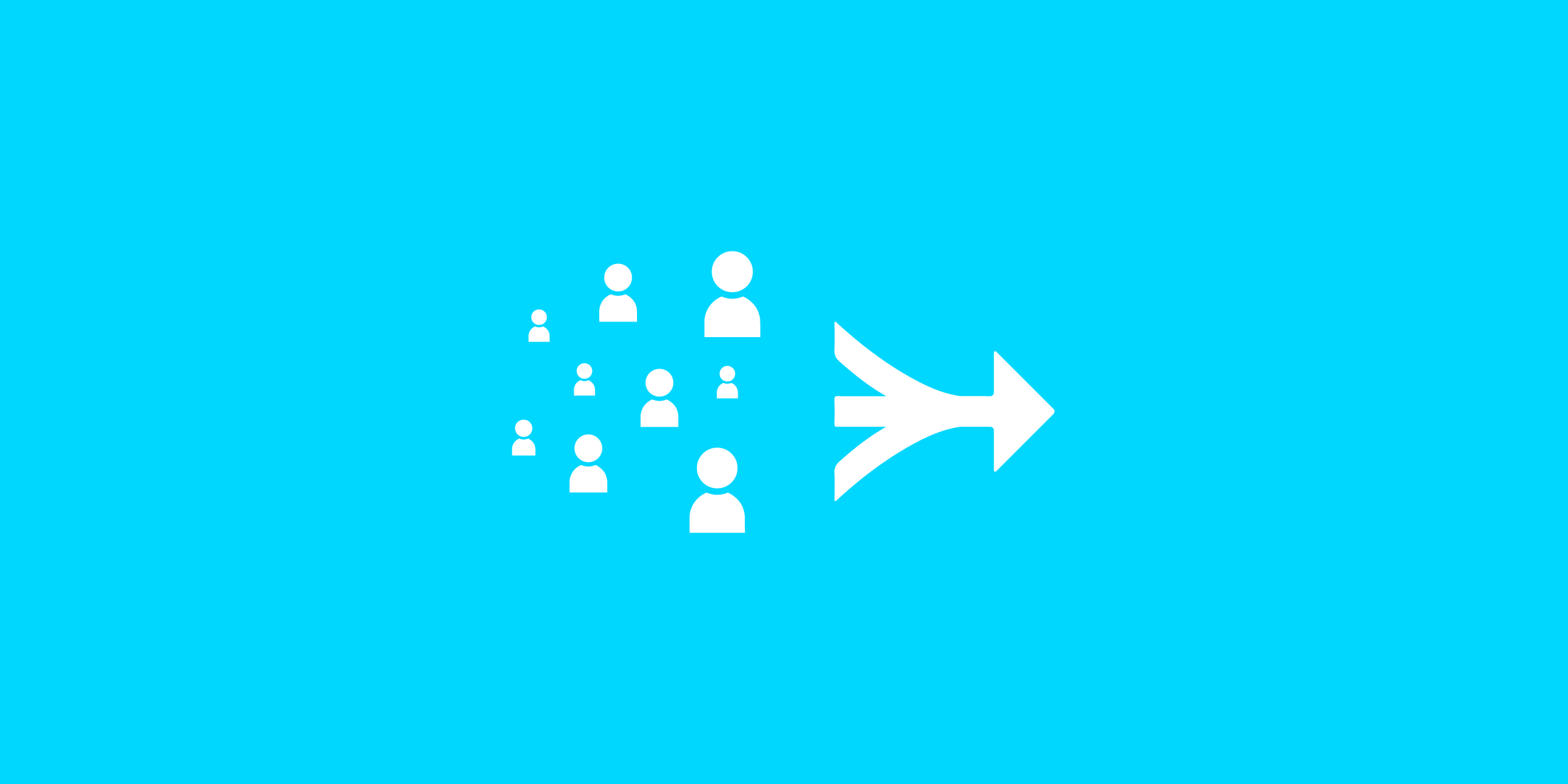 A blue background with white icons depicting multiple small figures gradually merging into a single larger arrow pointing to the right, symbolizing consolidation or unification.