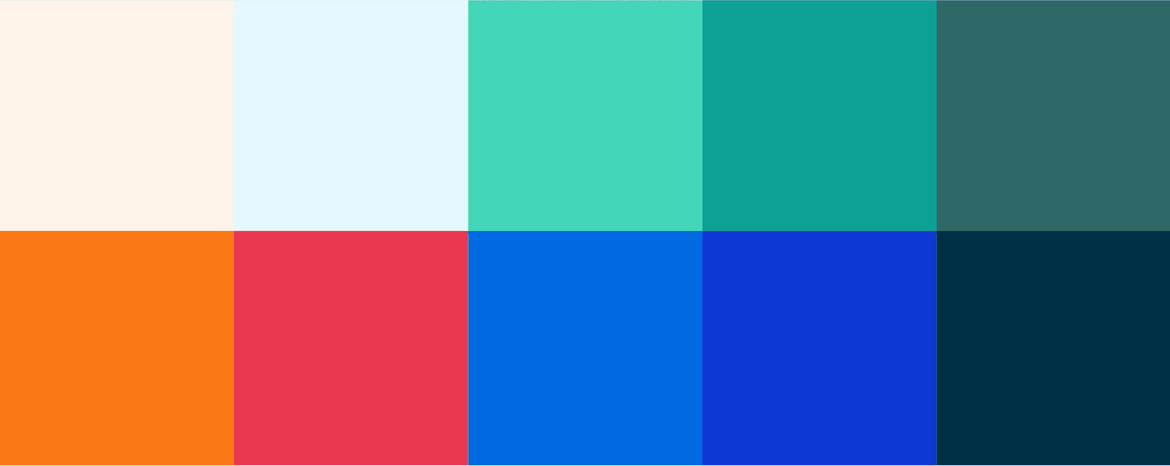 A colorful image showcasing a grid of ten vertical stripes, each a different color. From left to right: cream, light blue, teal, turquoise, teal-green, orange, red, royal blue, blue, and dark teal. The stripes create a vibrant and contrasting visual pattern.