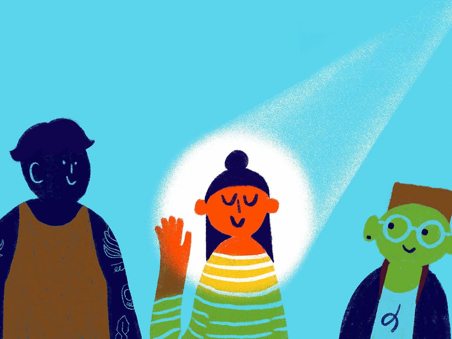 An illustration of three people against a blue background. The central figure is in brightly colored clothes, standing with one hand raised and highlighted. The other two figures are on either side, each shown in darker, contrasting colors with neutral expressions.