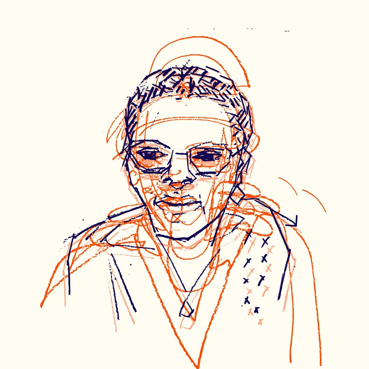 A sketch of a person wearing glasses and a hooded jacket. The lines are abstract and overlapping in orange and dark blue, giving a dynamic and artistic effect. The background is plain.