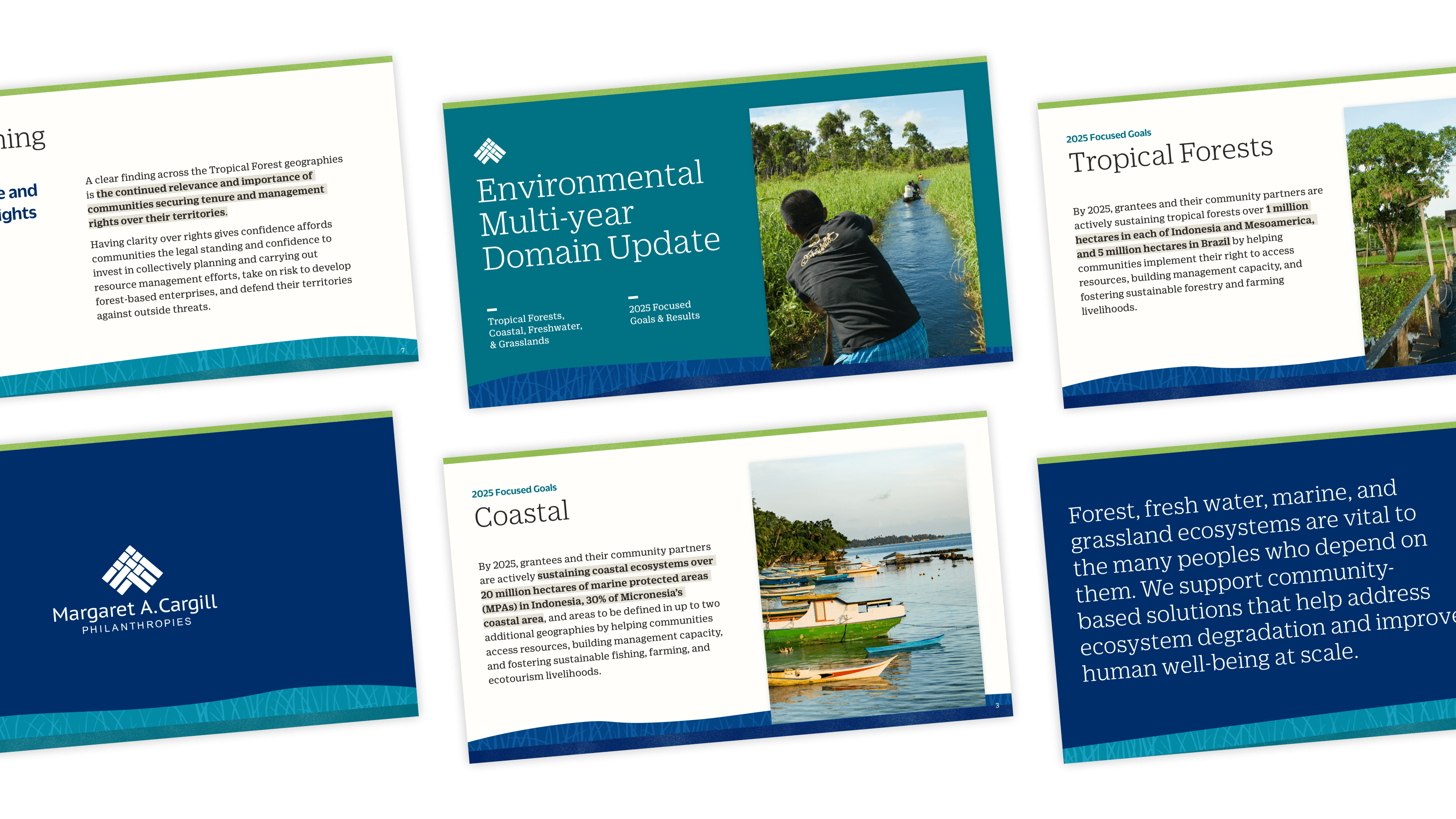 Six presentation slides detail environmental updates and efforts on tropical forests and coastal ecosystems. They feature photographs of a lush forest, a person working in a wetland, and colorful boats docked by the shore.