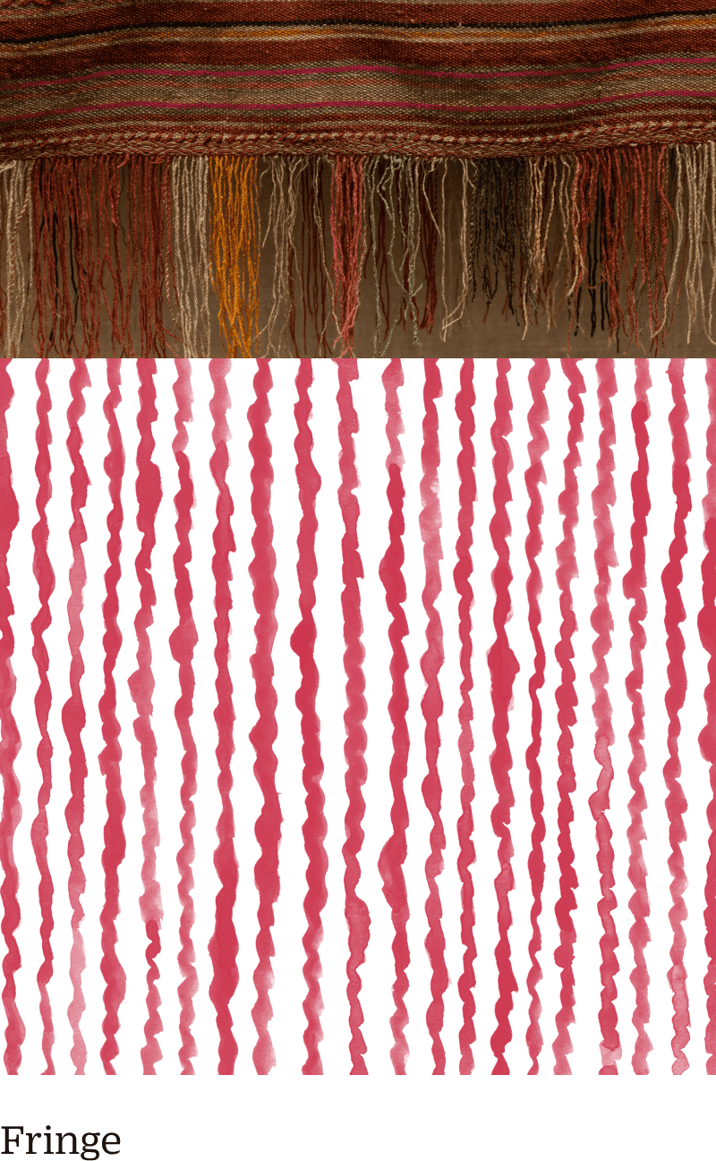 Close-up of a multicolored fabric with long fringes in shades of brown, red, orange, and yellow hanging down. Below, an abstract pattern with wavy red lines on black. The word "Fringe" is partially visible at the bottom.