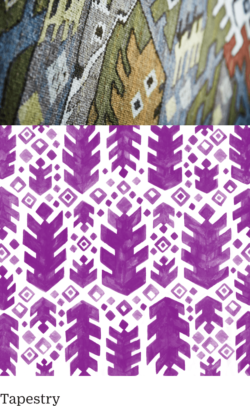 A close-up of a colorful tapestry featuring geometric shapes in shades of green, blue, and orange. Below it, a transparent overlay shows a black and purple pattern, adding a modern contrast to the traditional design.