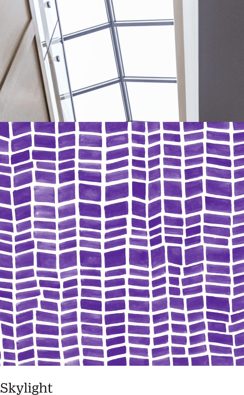 A view from below of a modern, geometric ceiling with a glass skylight framed in white. Underneath, a digital overlay of a purple and black abstract pattern, resembling a woven texture.