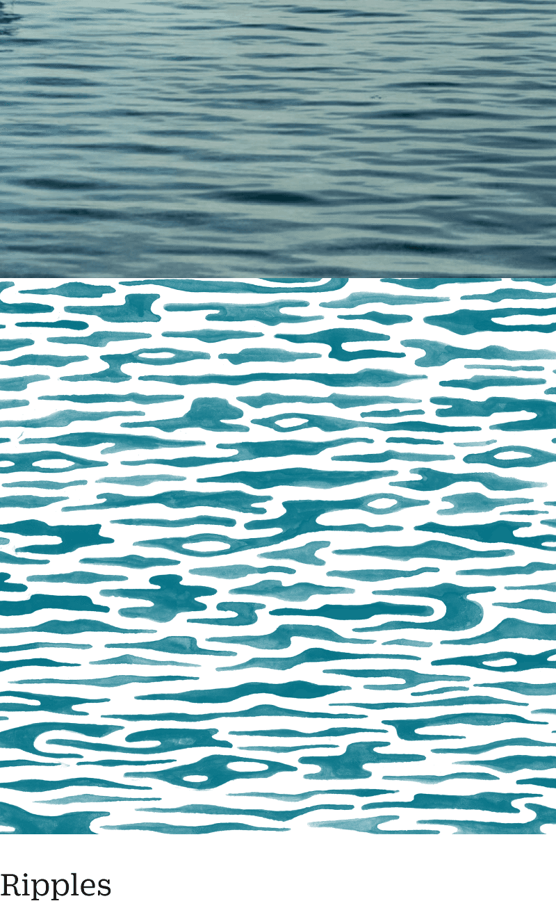A water surface with gentle ripples is depicted. The top half shows a photographic view, while the bottom half transitions into an artistic pattern resembling the ripples in varying shades of blue and black.