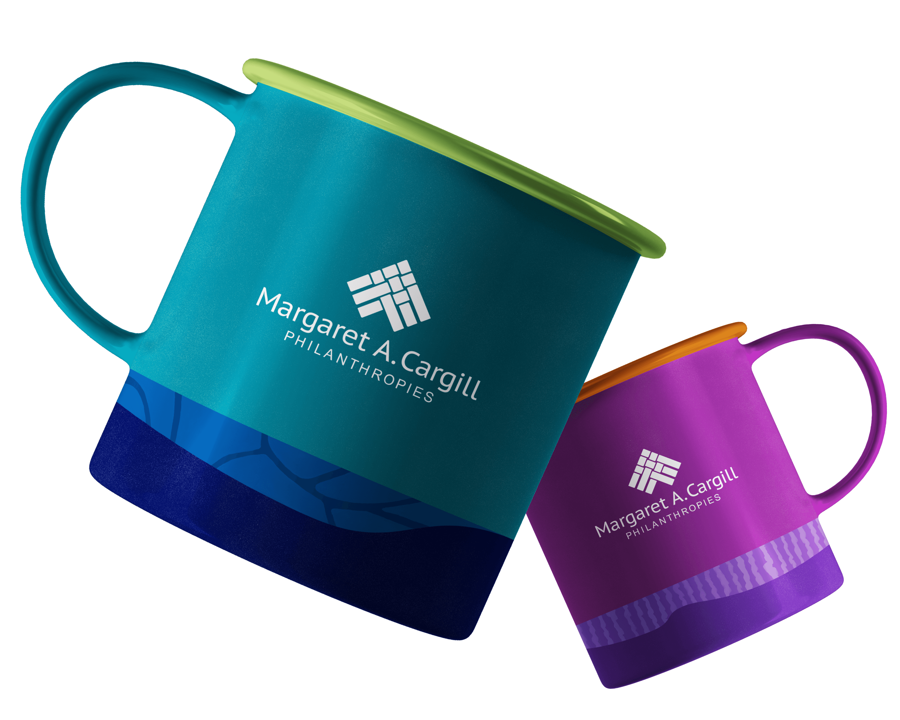 Two colorful mugs with handles are tilted at angles. The larger mug is teal with a light green rim and the smaller mug is purple with an orange rim. Both display the "Margaret A. Cargill Philanthropies" logo and text.