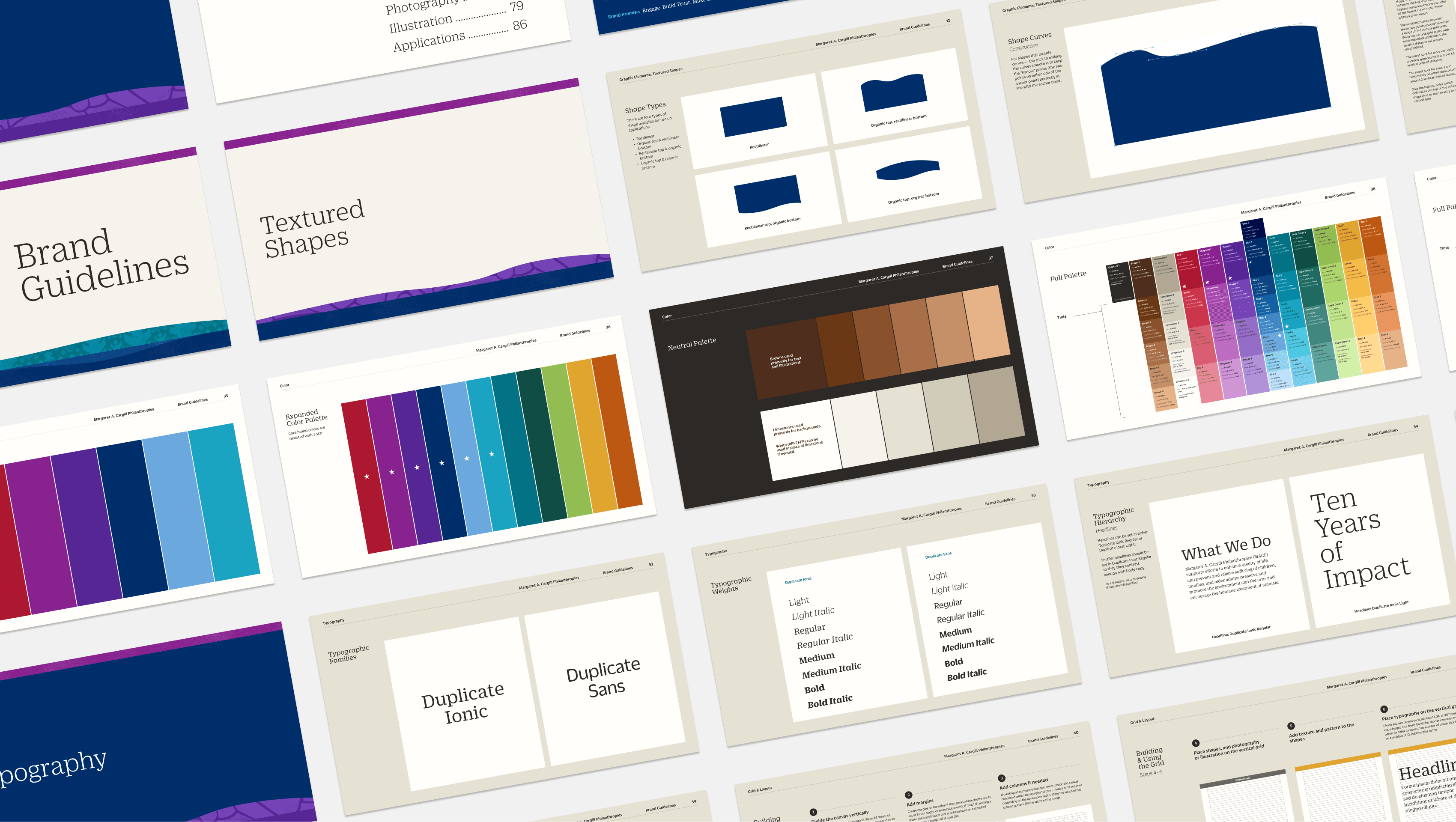 A grid of digital slides displays brand guidelines, including typography, color palettes, textured shapes, and charts on clean backgrounds in various layouts and color schemes.