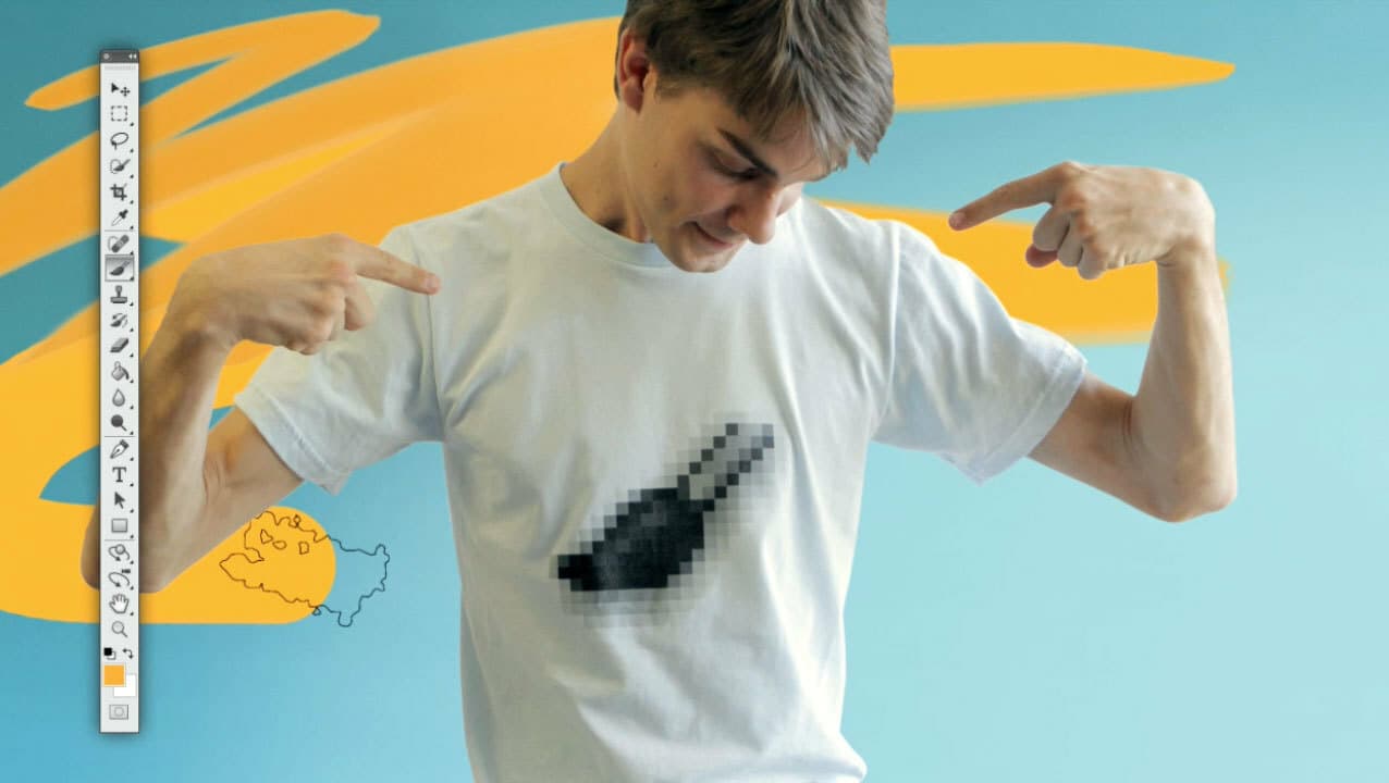 A person points at their white T-shirt, which has a pixelated black object in the center. Behind them is a wavy blue and yellow background. The left side of the image shows a toolbar resembling a digital painting or graphic design program.