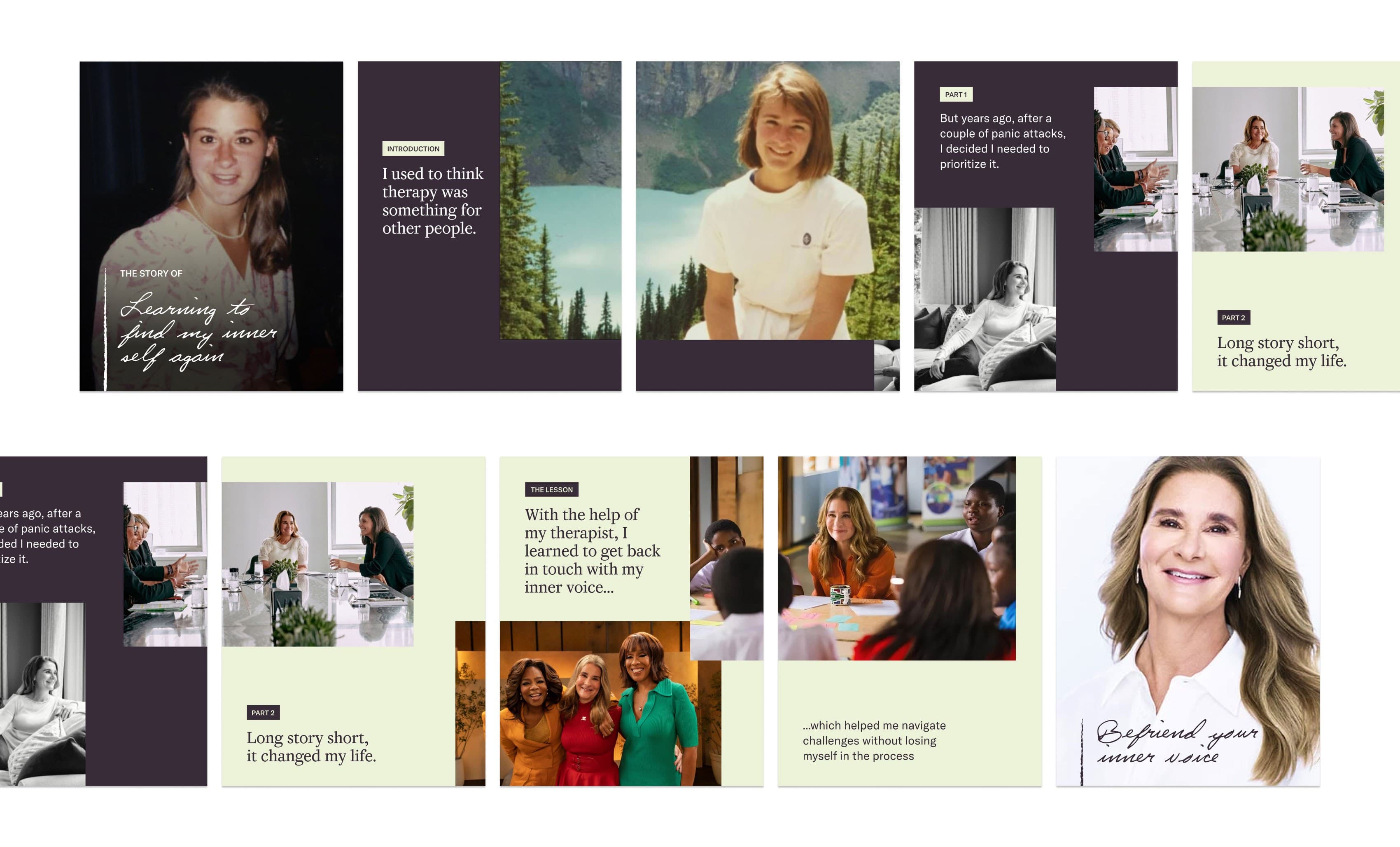 A collage of women, some in conversation and some posing, accompanied by quotes about therapy and mental health, with scenic and casual backgrounds. The overall theme emphasizes personal growth and support.