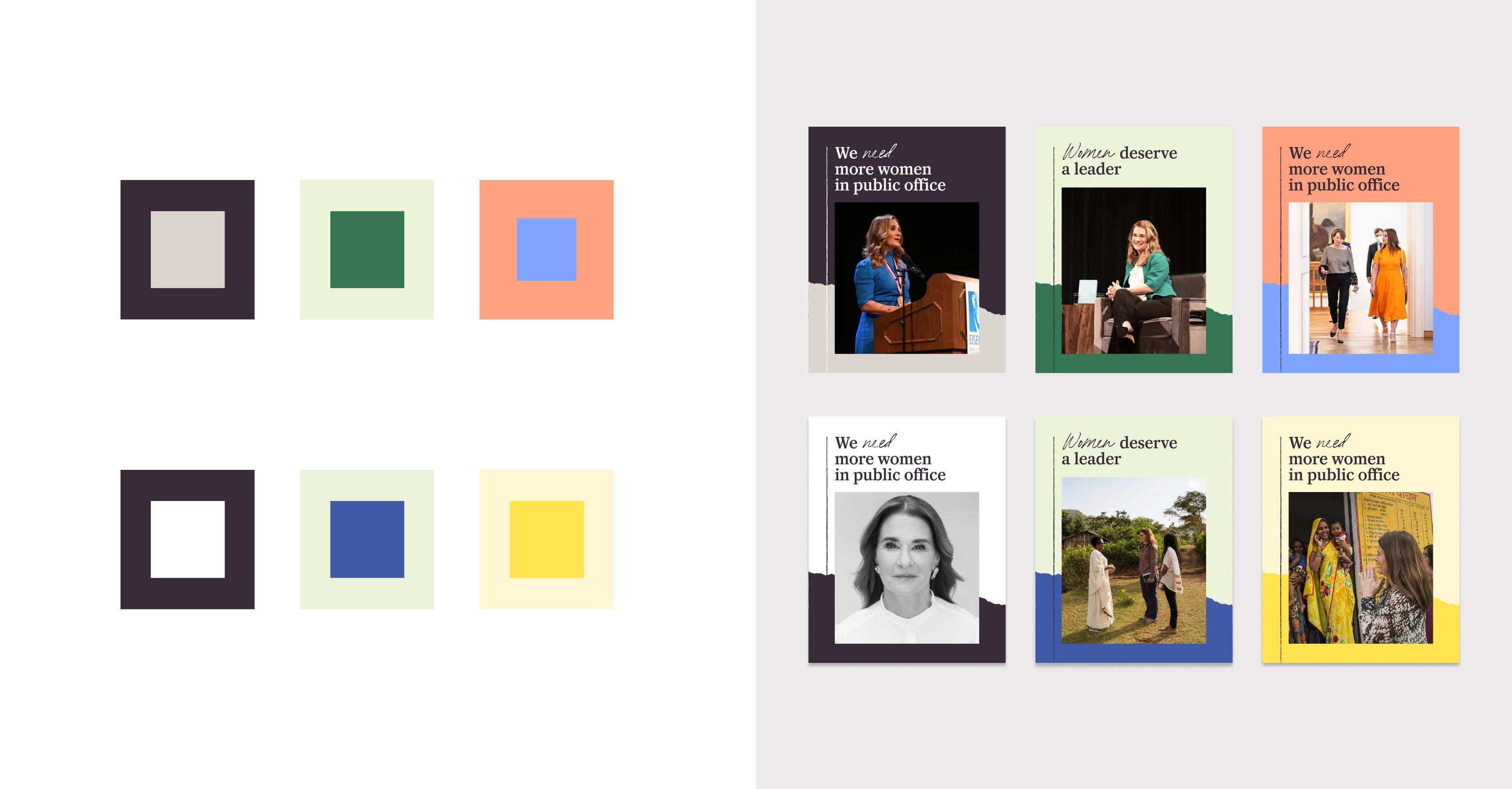 On the left, six colored squares are arranged in pairs. On the right, six posters promote women in public office with photos of women and empowering messages on colored backgrounds.