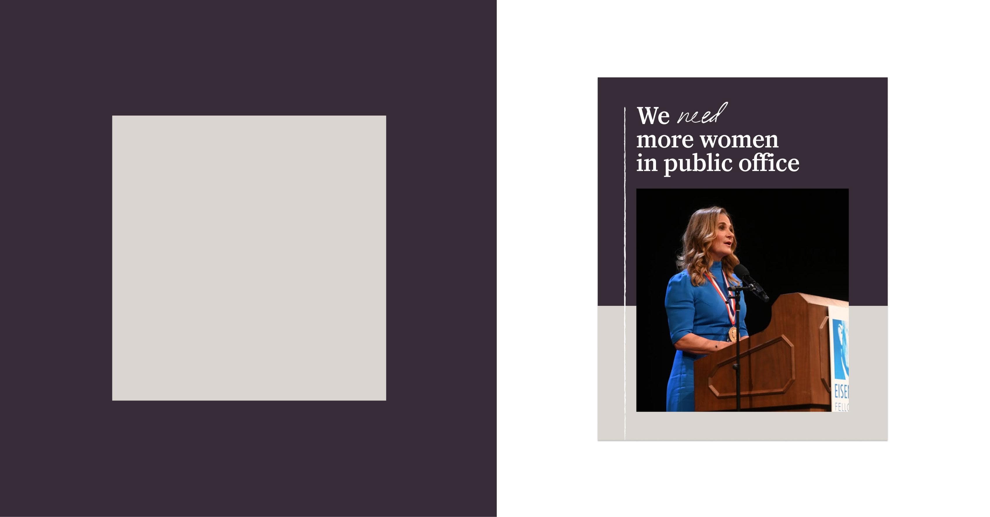 A woman in a blue dress speaks at a podium with a microphone. A banner above reads, "We need more women in public office." The background features dark and light blocks of color.