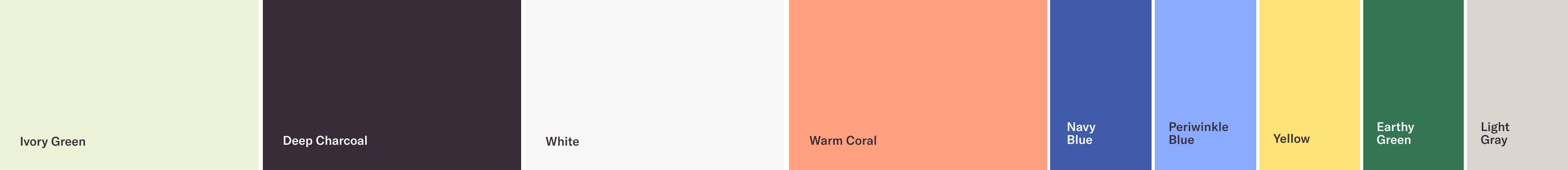 A horizontal palette of eight color blocks labeled from left to right: Ivory Green, Deep Charcoal, White, Warm Cloud, Navy Blue, Periwinkle Blue, Yellow, Earthy Green, and Light Gray.