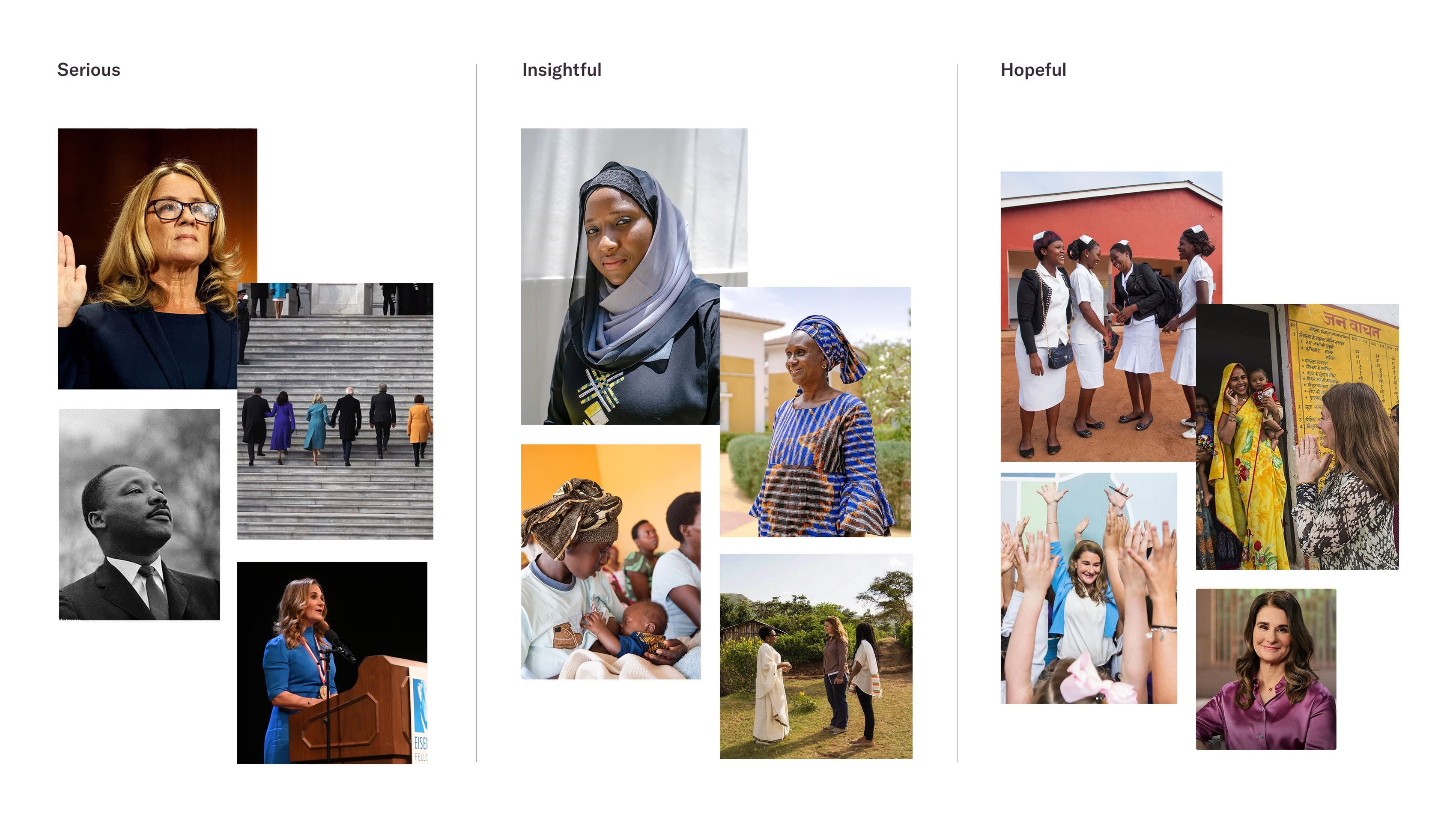 A collage divides into three columns labeled Serious, Insightful, and Hopeful, each featuring diverse women and scenes: public speaking, group gatherings, women with children, walking, and moments of joy and solidarity.